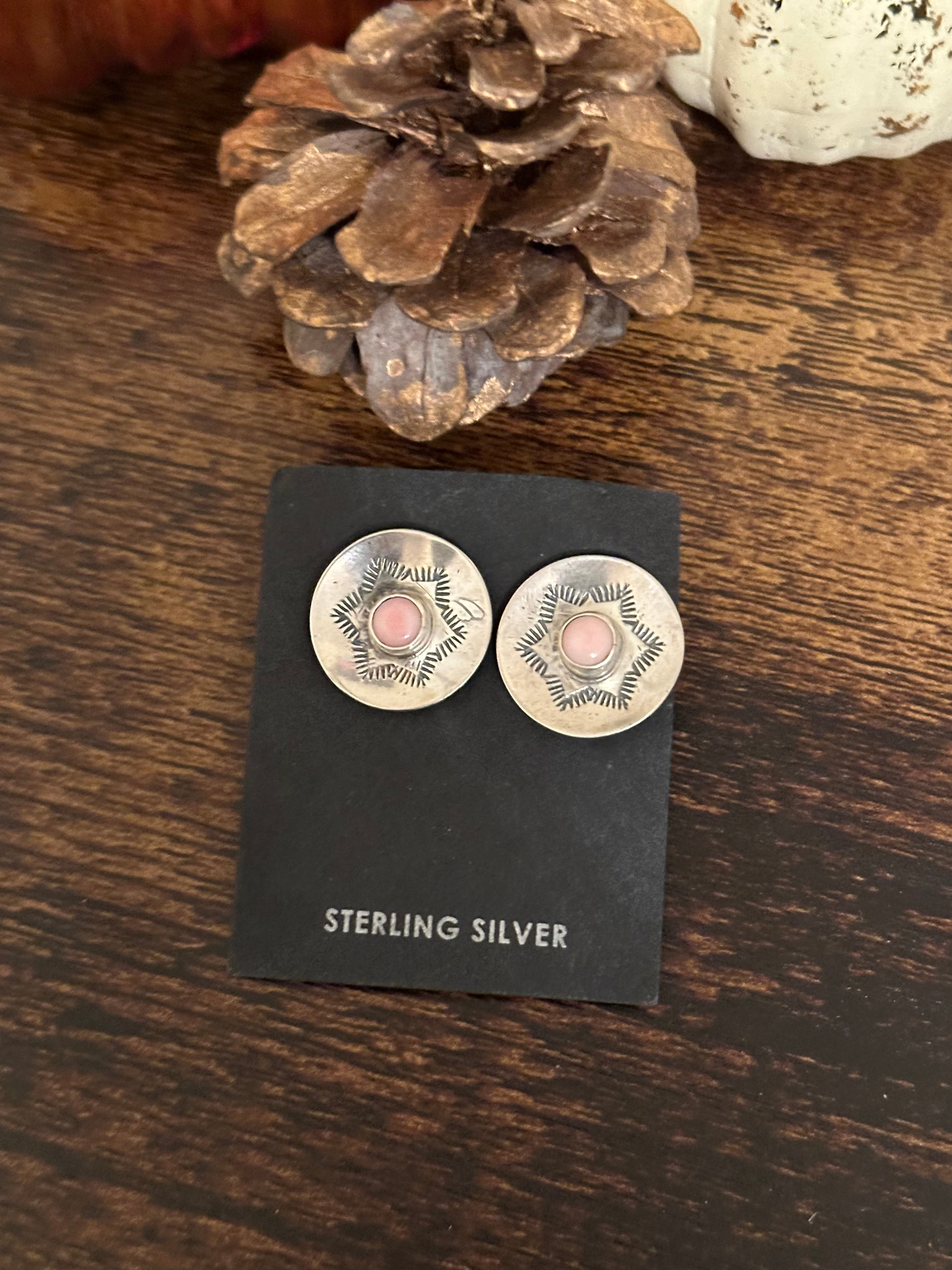 Navajo Made Pink Conch  & Sterling Silver Post Earrings