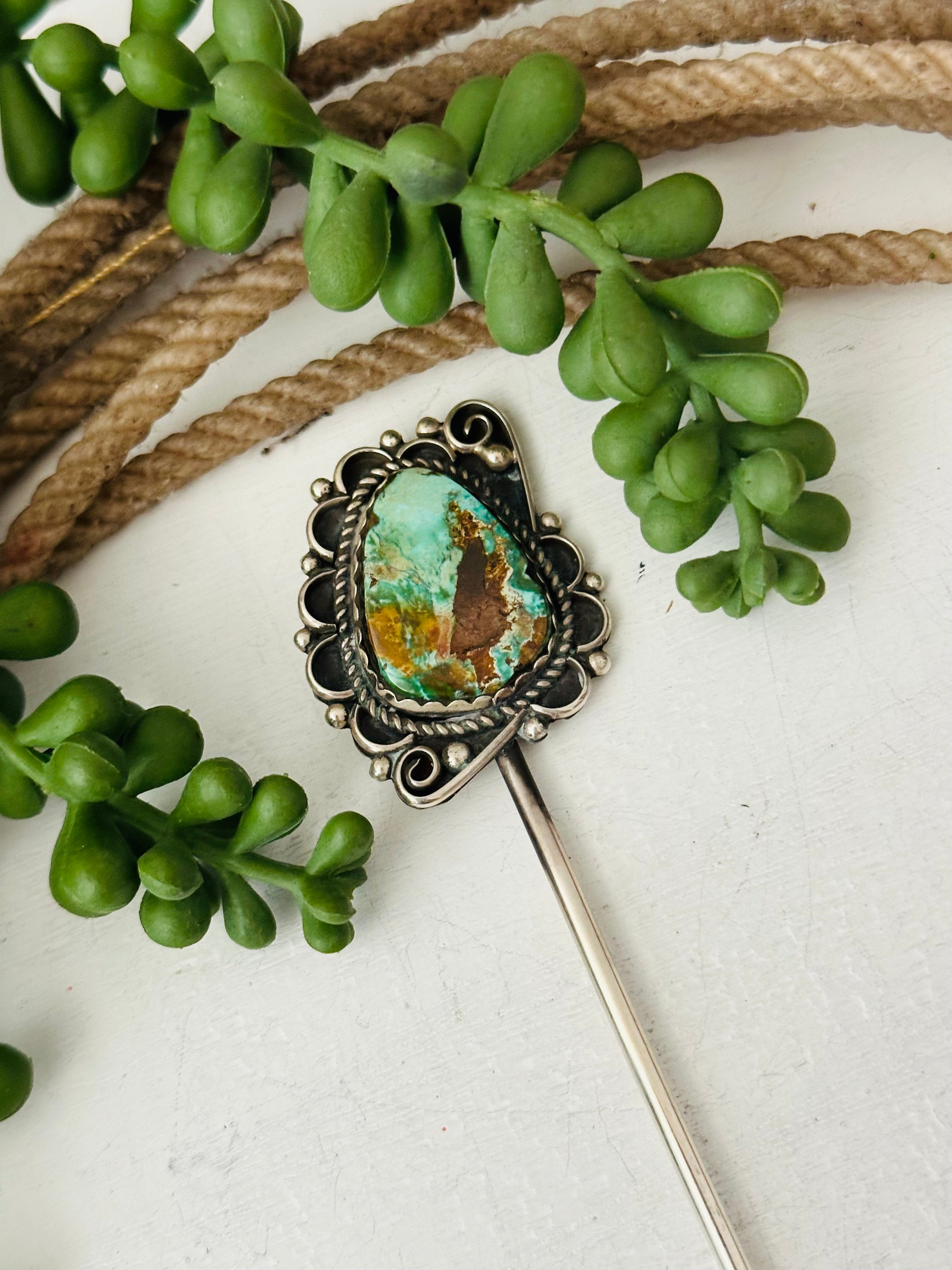 Navajo Handmade Royston Turquoise & Sterling Silver Hair Pin