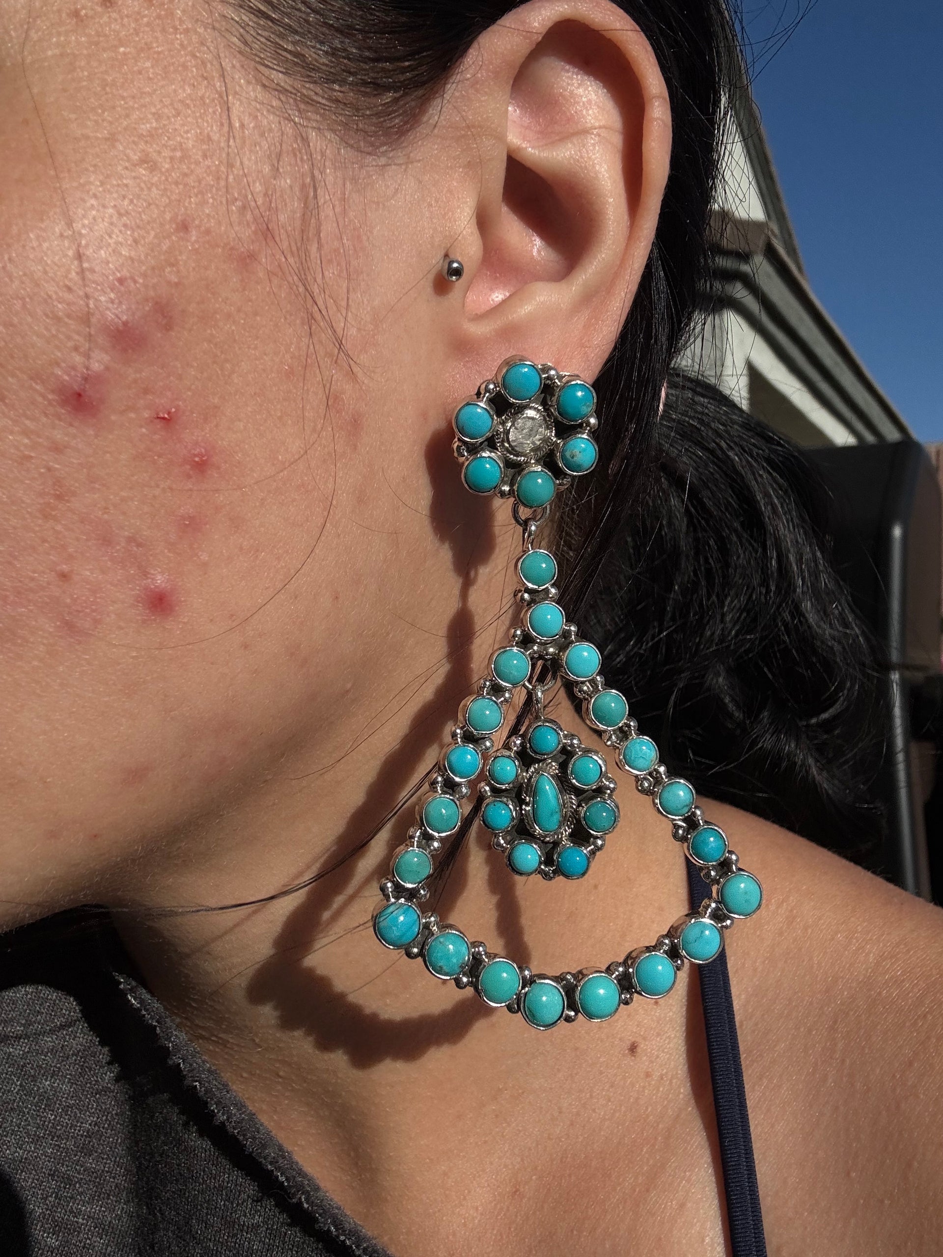 Sheila Becenti Kingman Turquoise & Sterling Silver Post Dangle Cluster Earrings