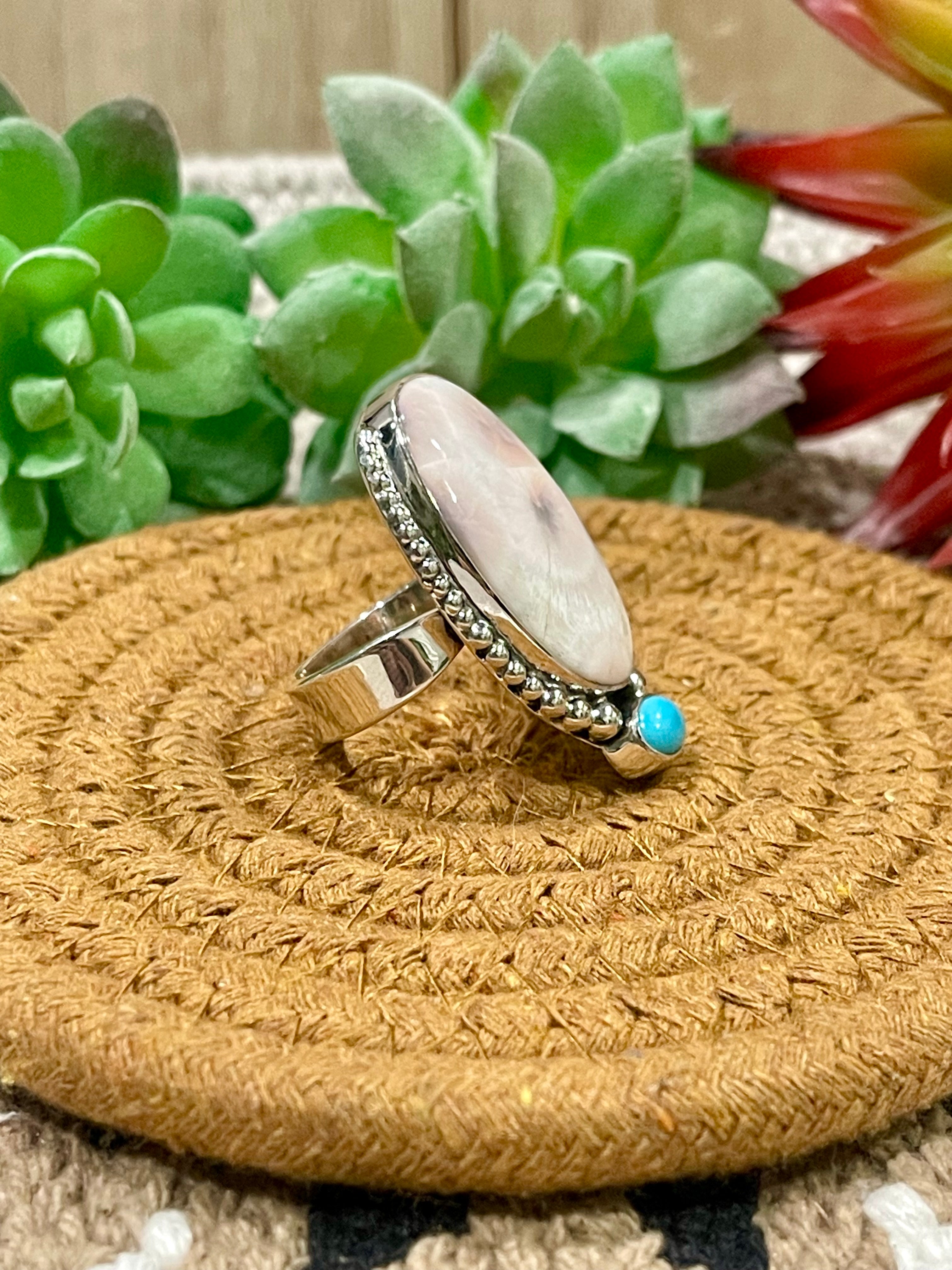 Southwest Handmade Pink Larimar With Kingman Turquoise & Sterling Silver Adjustable Ring