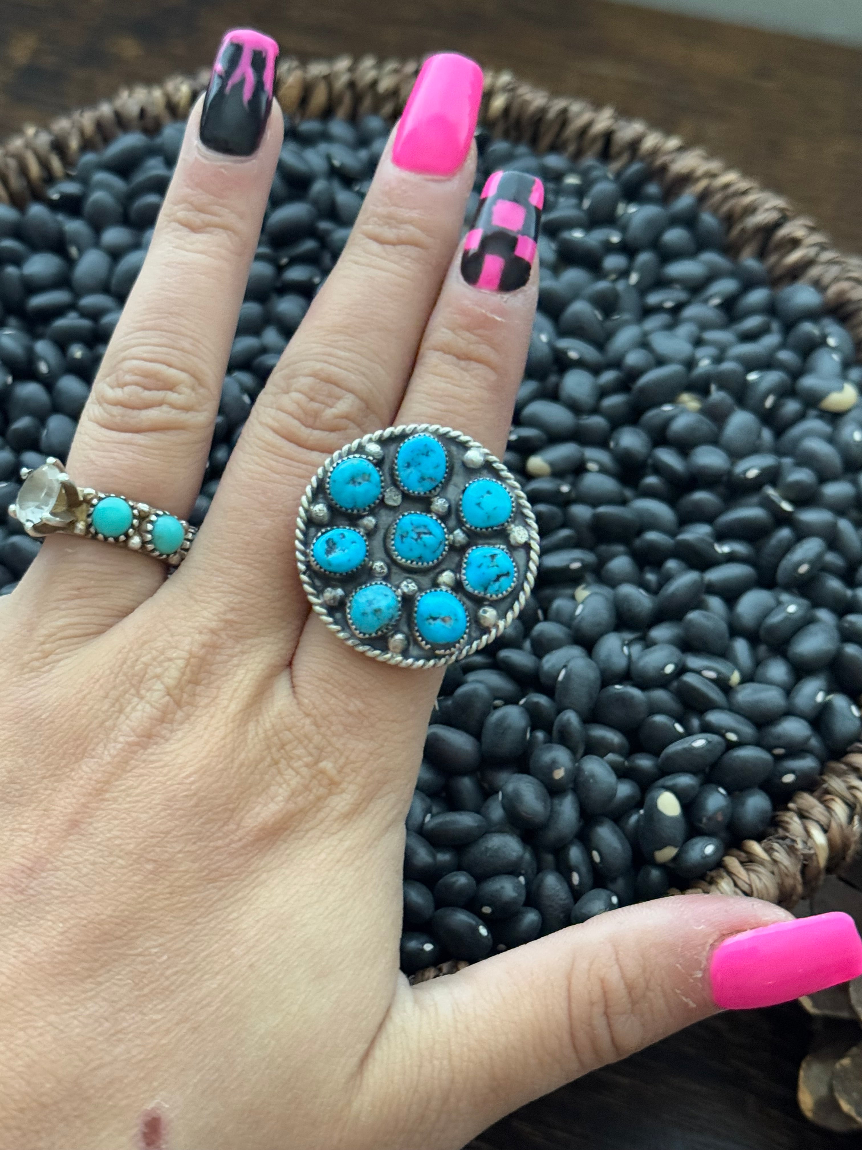 Navajo Made Kingman Turquoise & Sterling Silver Adjustable Ring