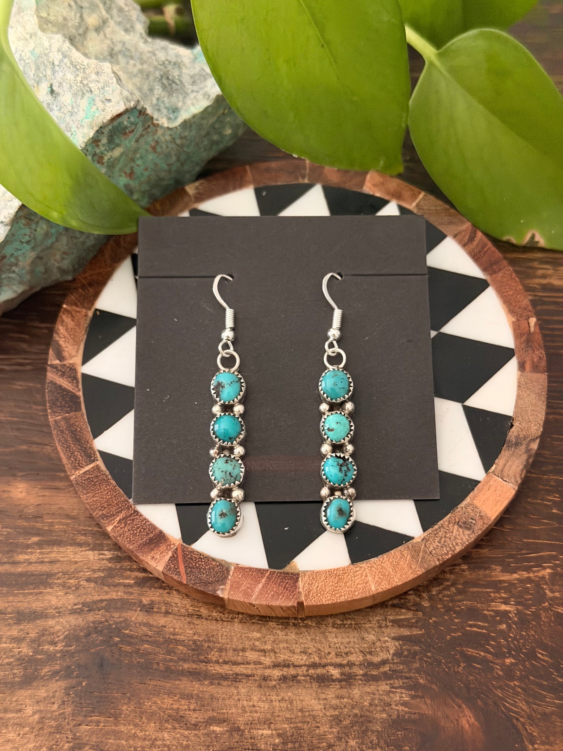 Navajo Made Kingman Turquoise & Sterling Silver Cluster Dangle Earrings