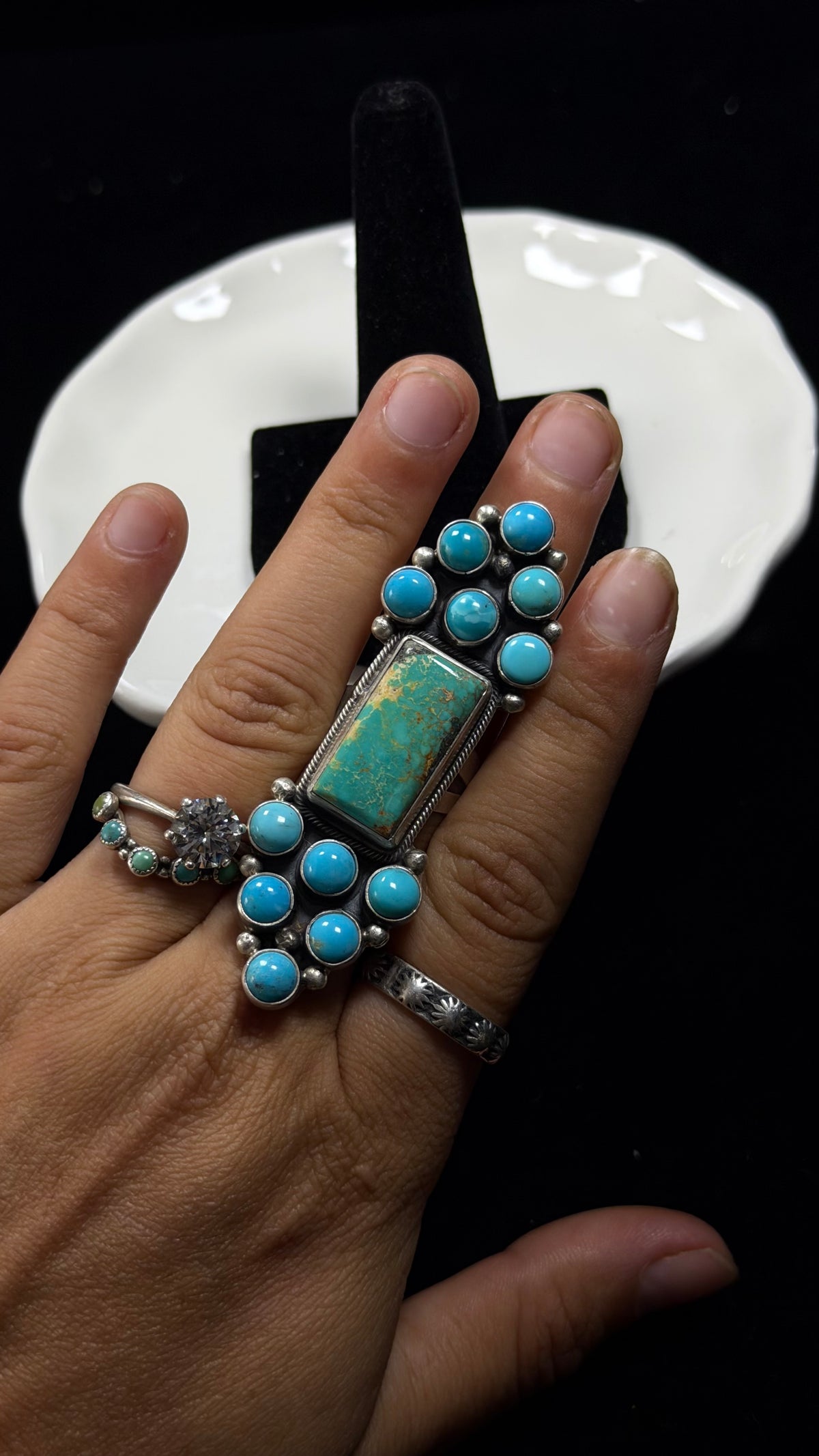 Sheila Becenti Mixed Turquoise Sterling Silver Cluster Adjustable Ring