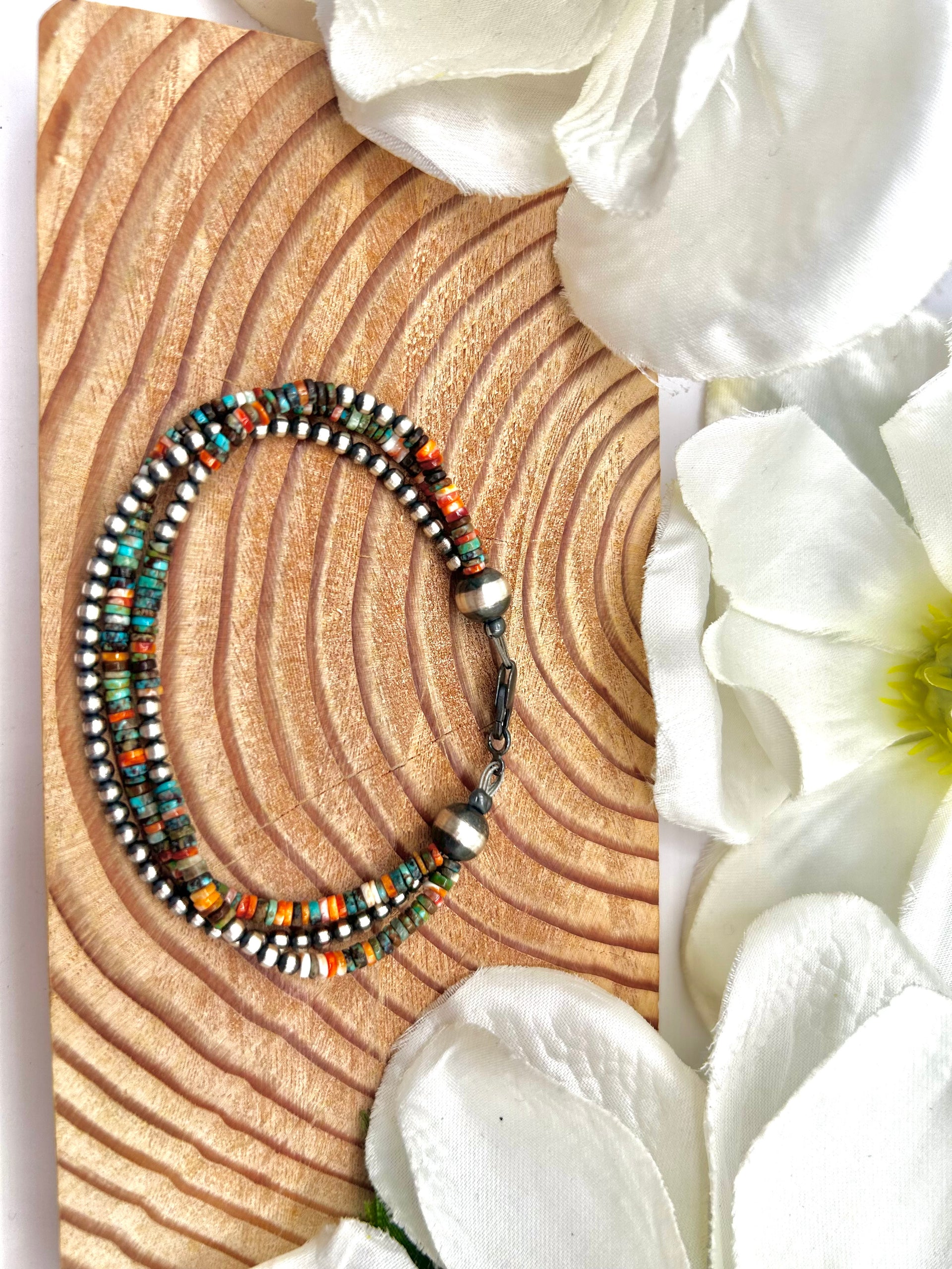 Navajo Made Strung Multi Stone & Sterling Silver Link Bracelet