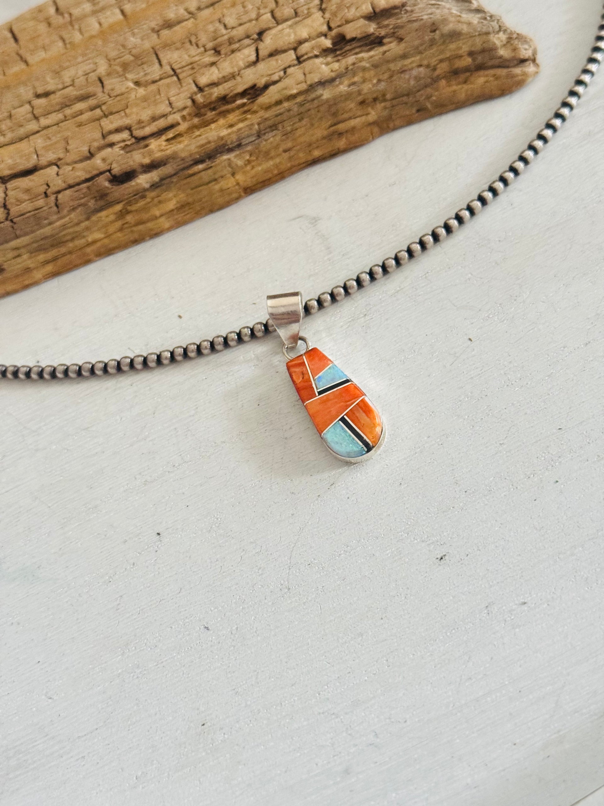 Navajo Made Multi Stone & Sterling Silver Inlay Pendant