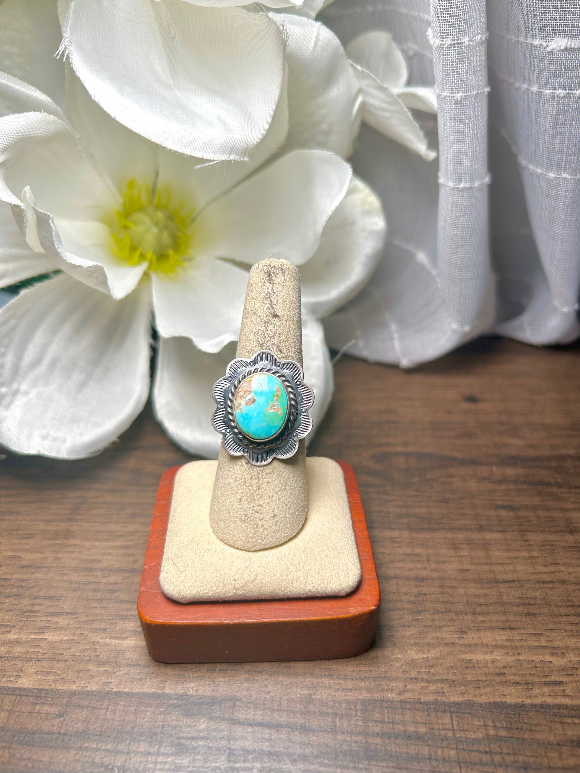 Navajo Made Sonoran Mountain Turquoise & Sterling Silver Ring Size 7.75