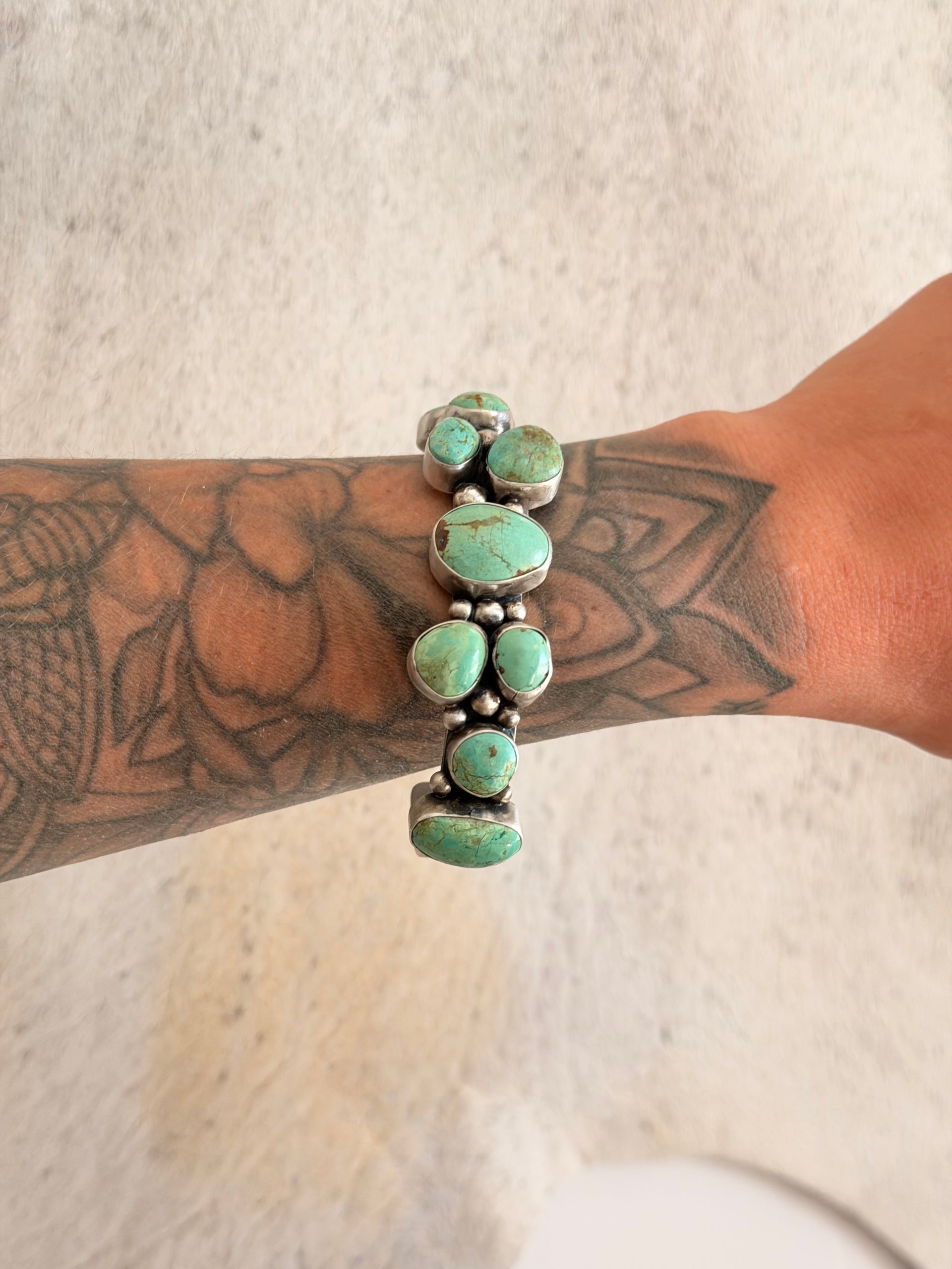 Bobby Johnson Mine 8 Turquoise & Sterling Silver Cluster Cuff Bracelet