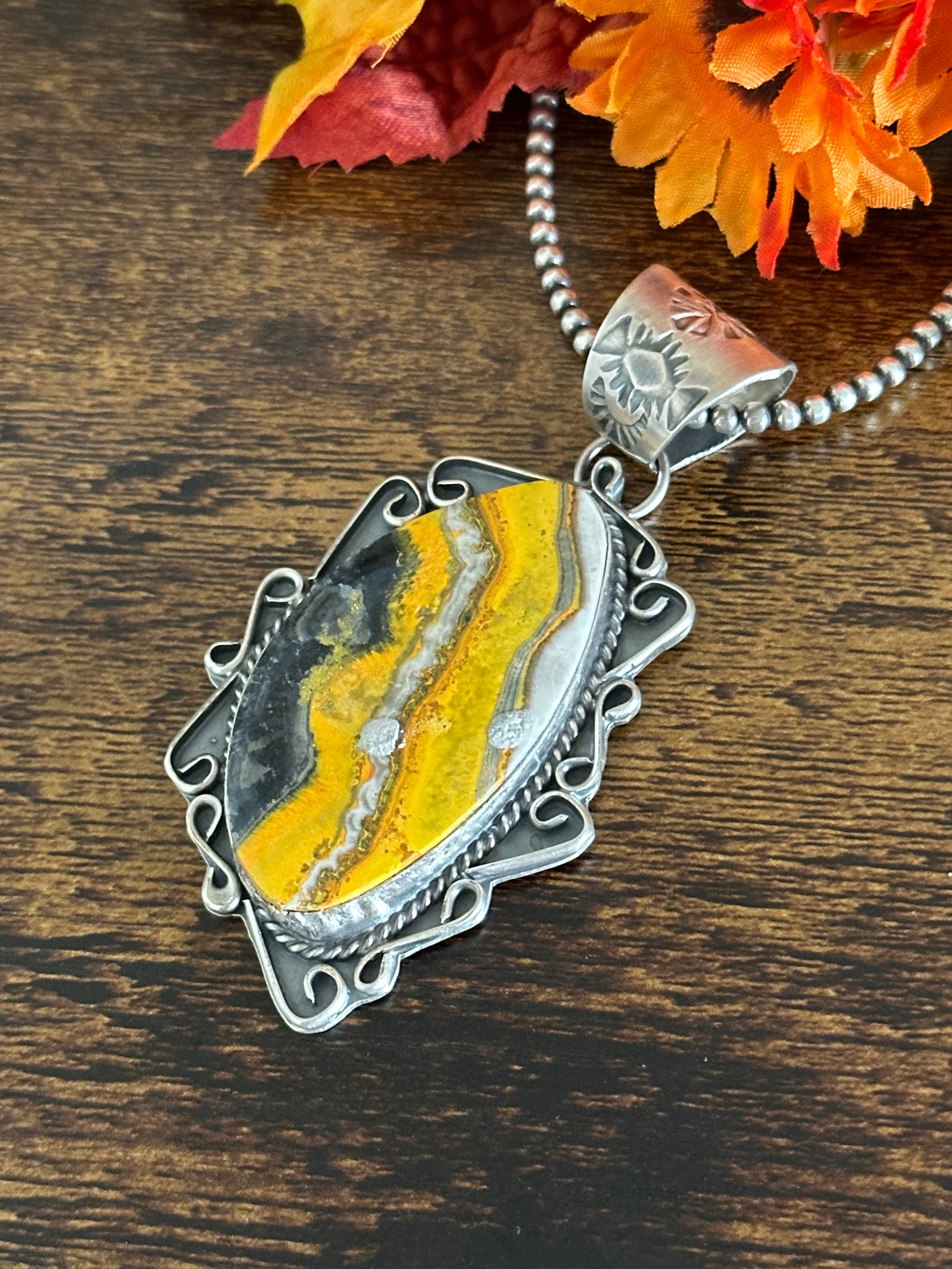 Navajo Made Bumblebee Jasper & Sterling Silver Pendant