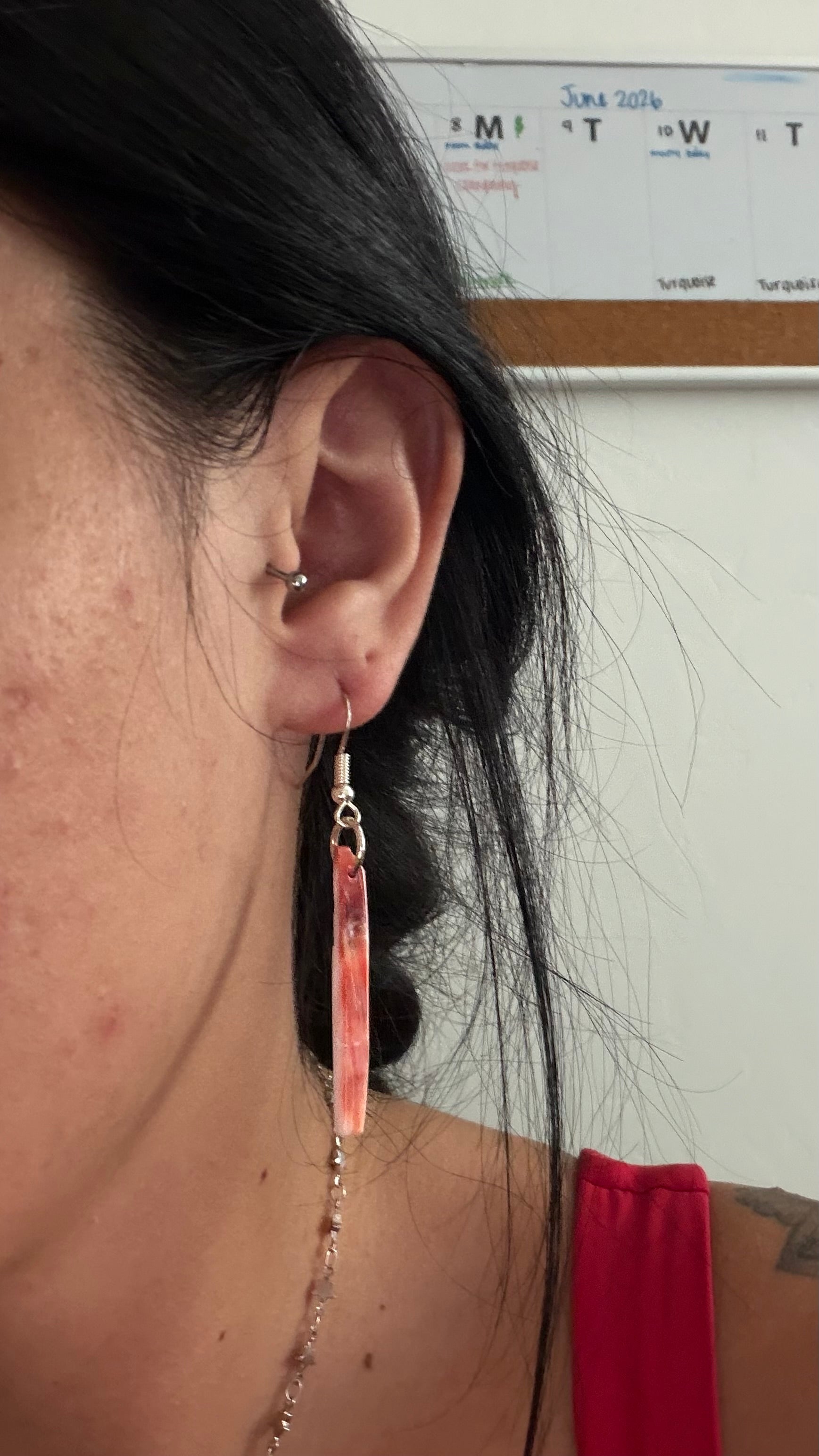 Navajo Made Spiny Oyster & Sterling Silver Slab Dangle Earrings