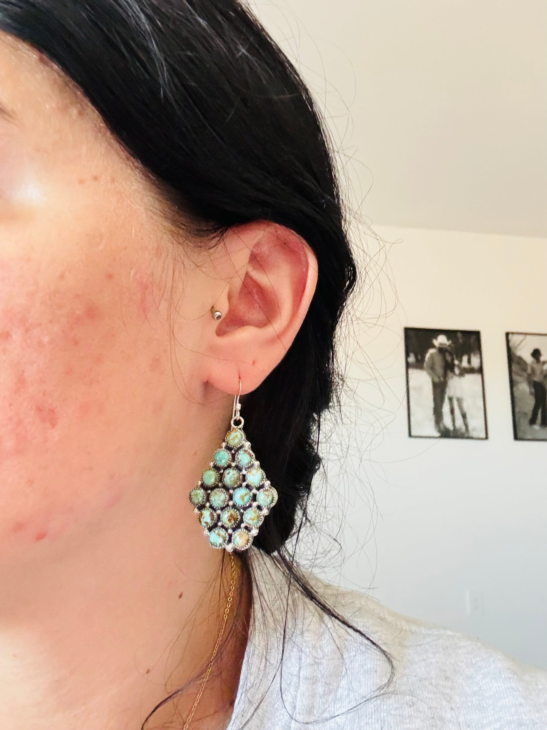 Annie Spencer Kingman Turquoise & Sterling Silver Cluster Dangle Earrings