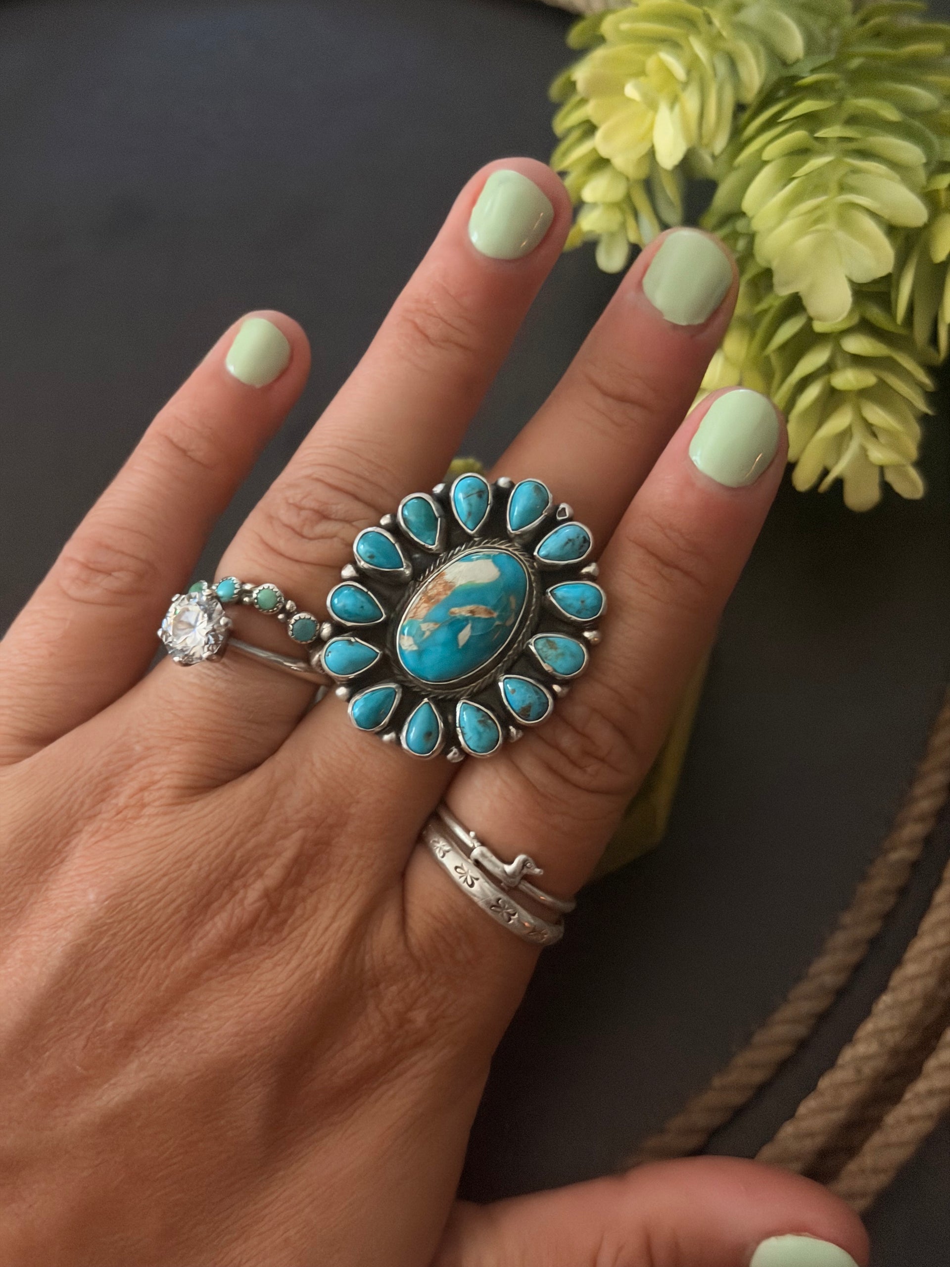 Sheila Becenti Royston Turquoise & Sterling Silver Adjustable Ring Size 8.5