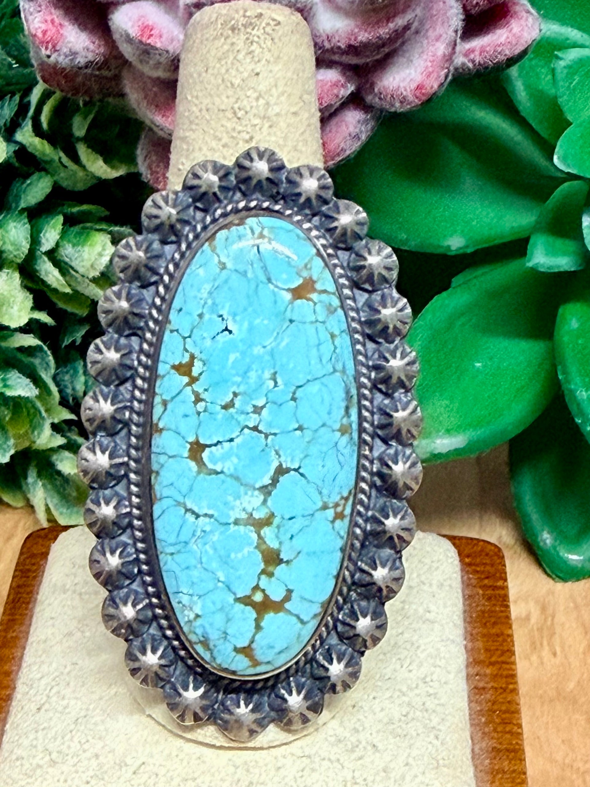 Southwest Handmade #8 Turquoise & Sterling Silver Ring Size 8.25