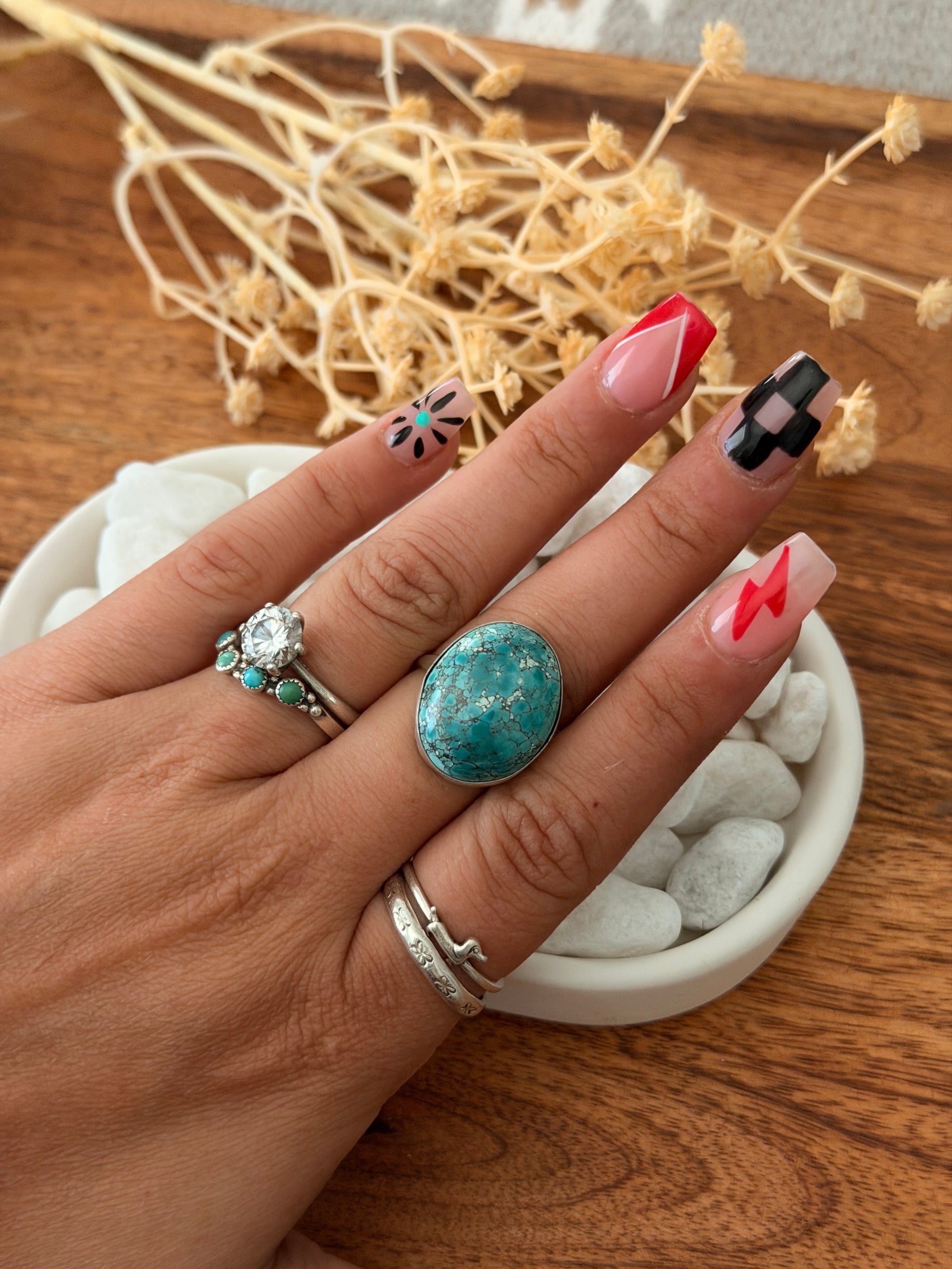 Navajo Made White Water Turquoise & Sterling Silver Ring Size 9.75