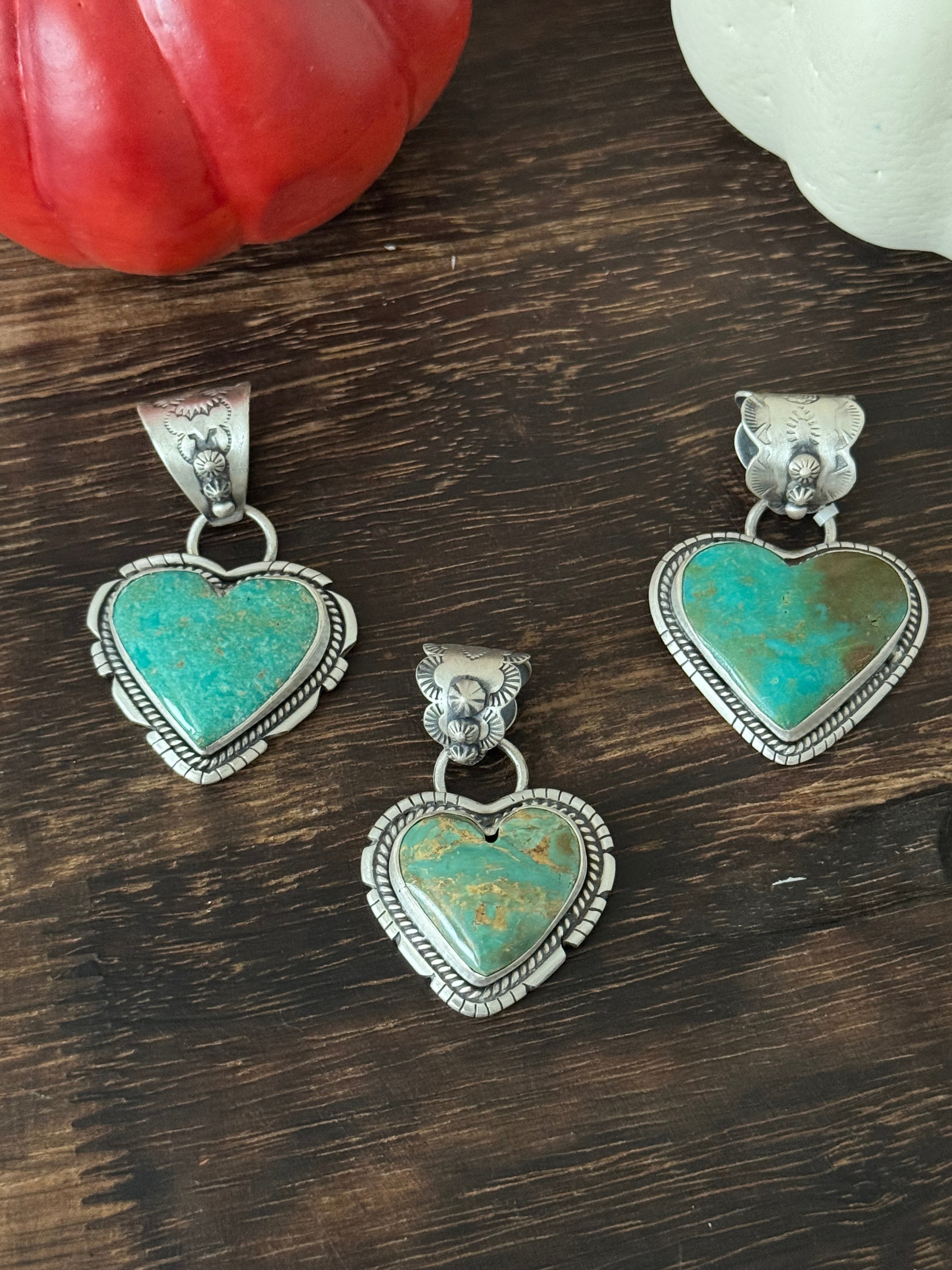 Navajo Made Kingman Turquoise & Sterling Silver Heart Pendant