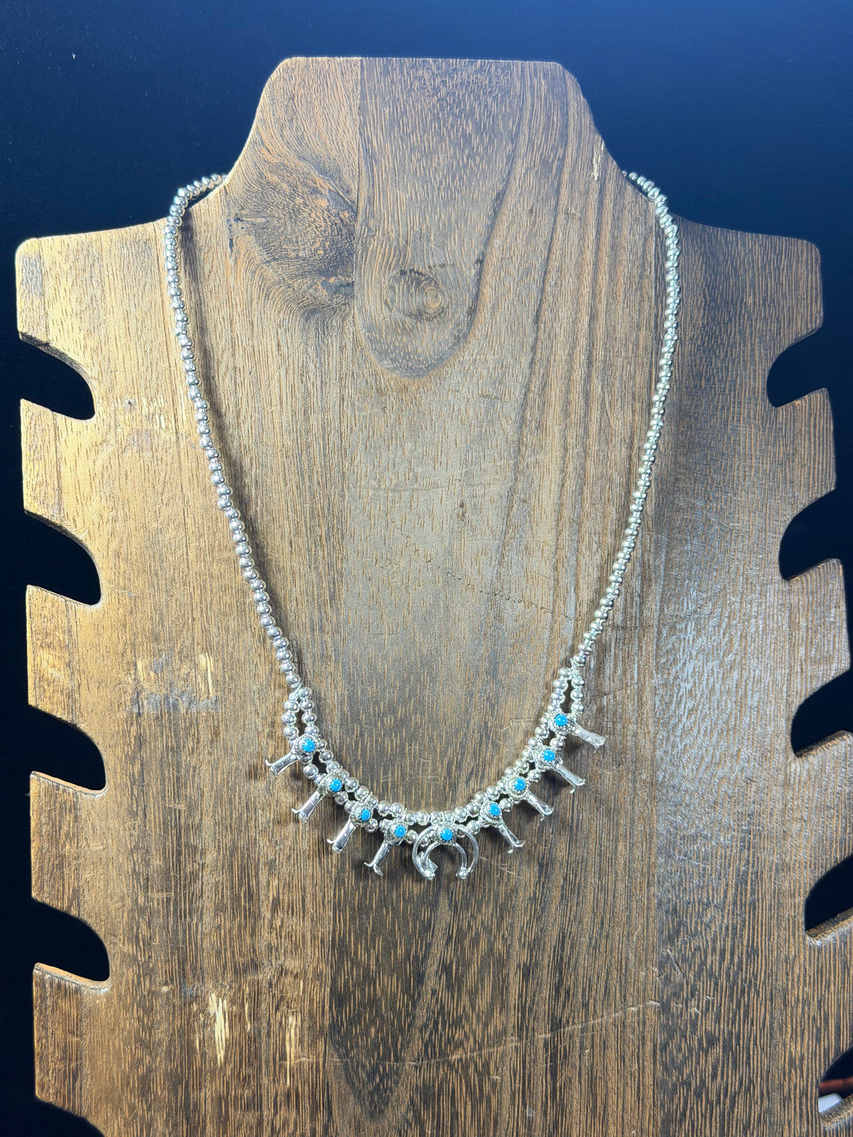 Larry Curley Kingman Turquoise & Nickel Silver Mini Squash Blossom Necklace