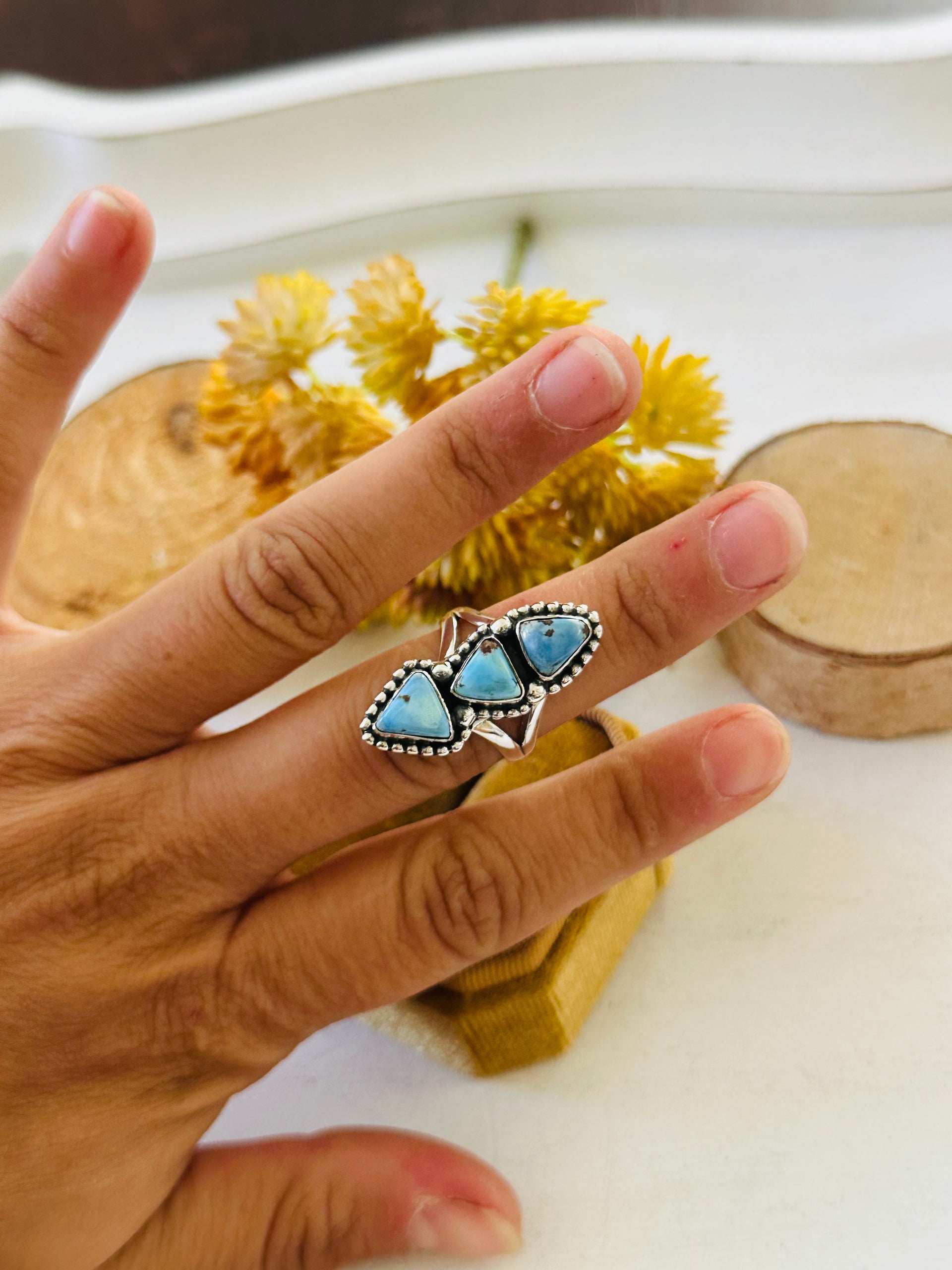 Southwest Handmade Golden Hills Turquoise & Sterling Silver Ring Size 6.25