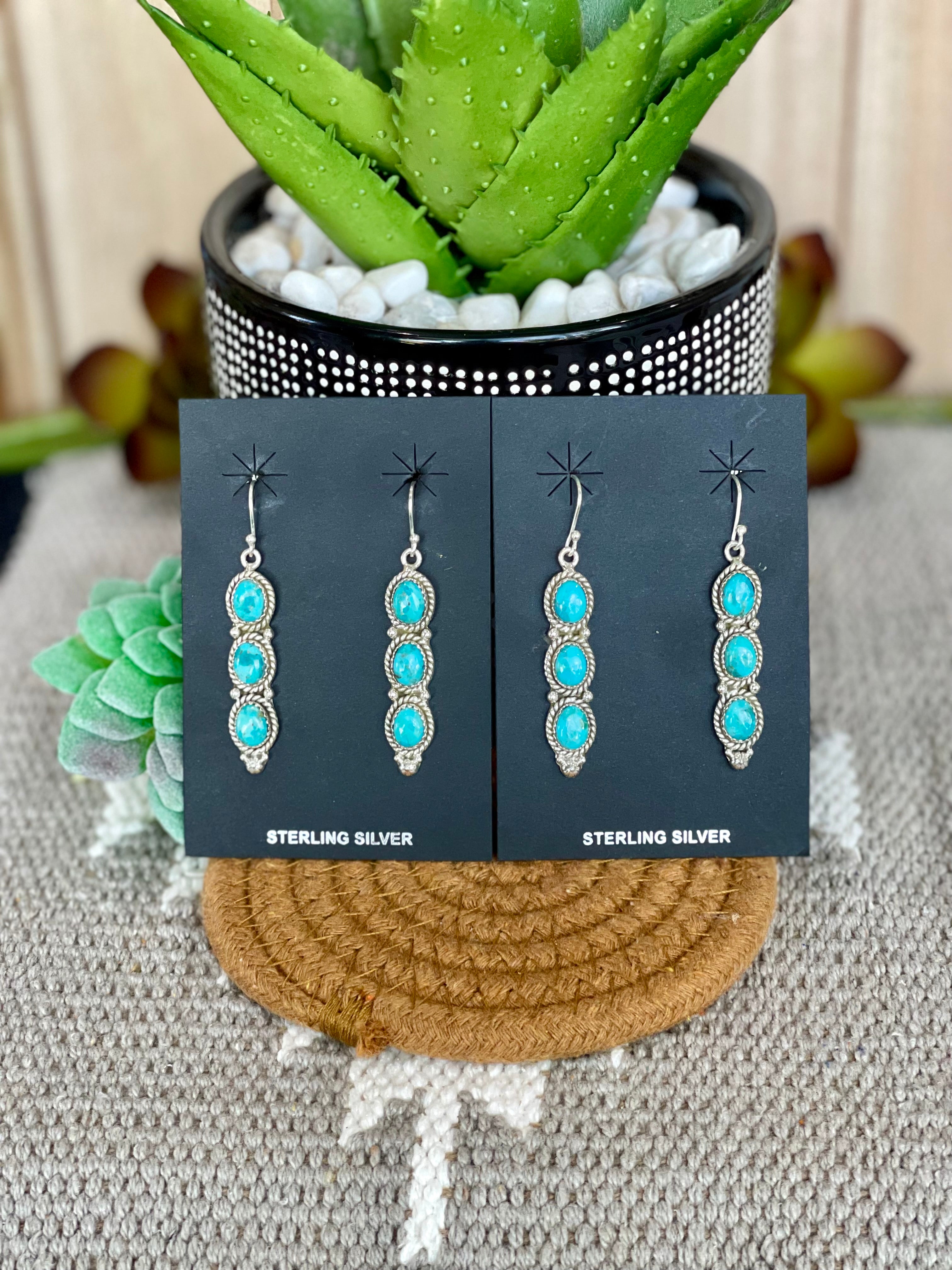 Southwest Handmade Kingman Turquoise & Sterling Silver Post Dangle 3 Stone Earrings