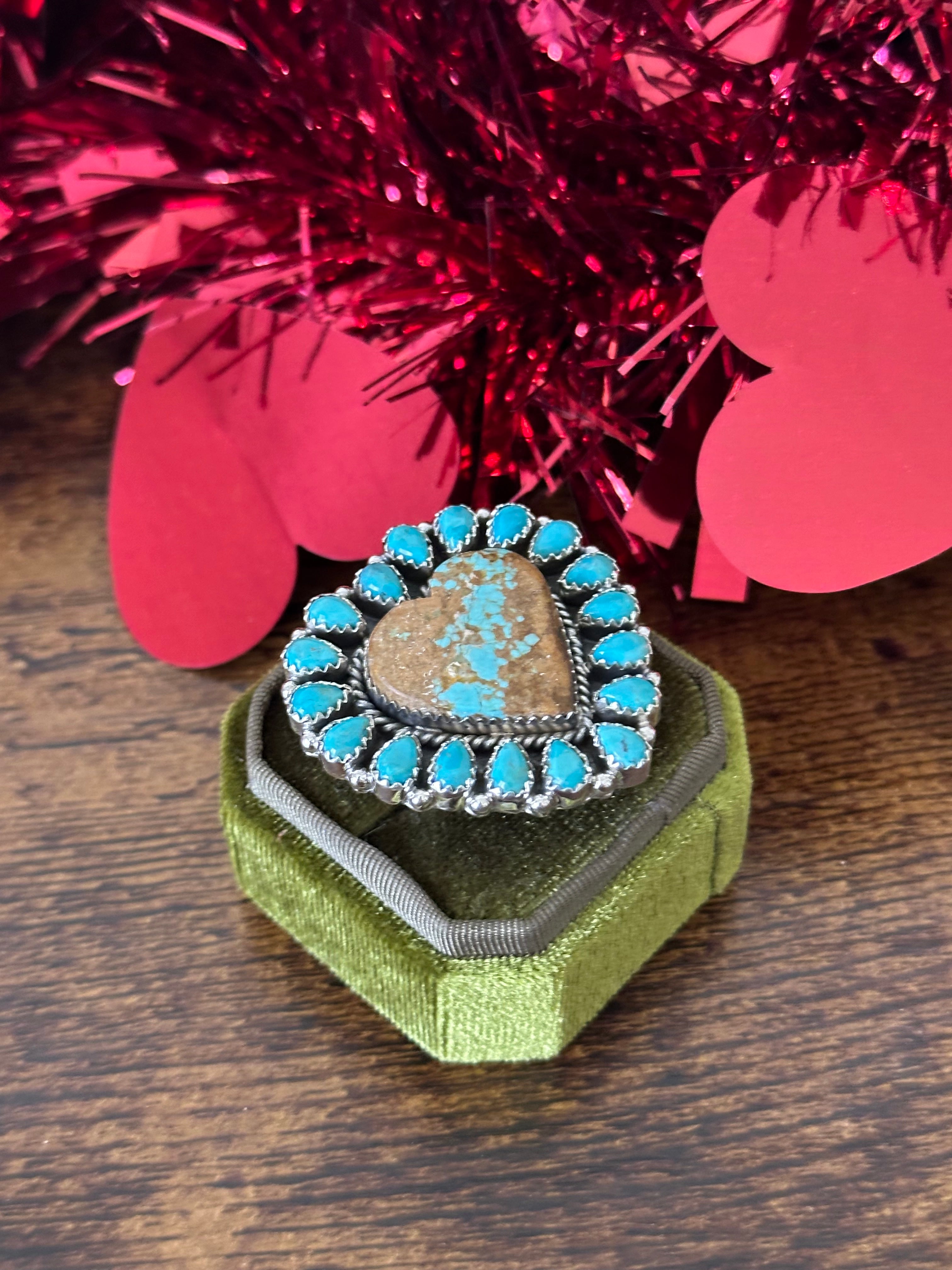 Southwest Handmade Multi Turquoise & Sterling Silver Heart Cluster Adjustable Ring