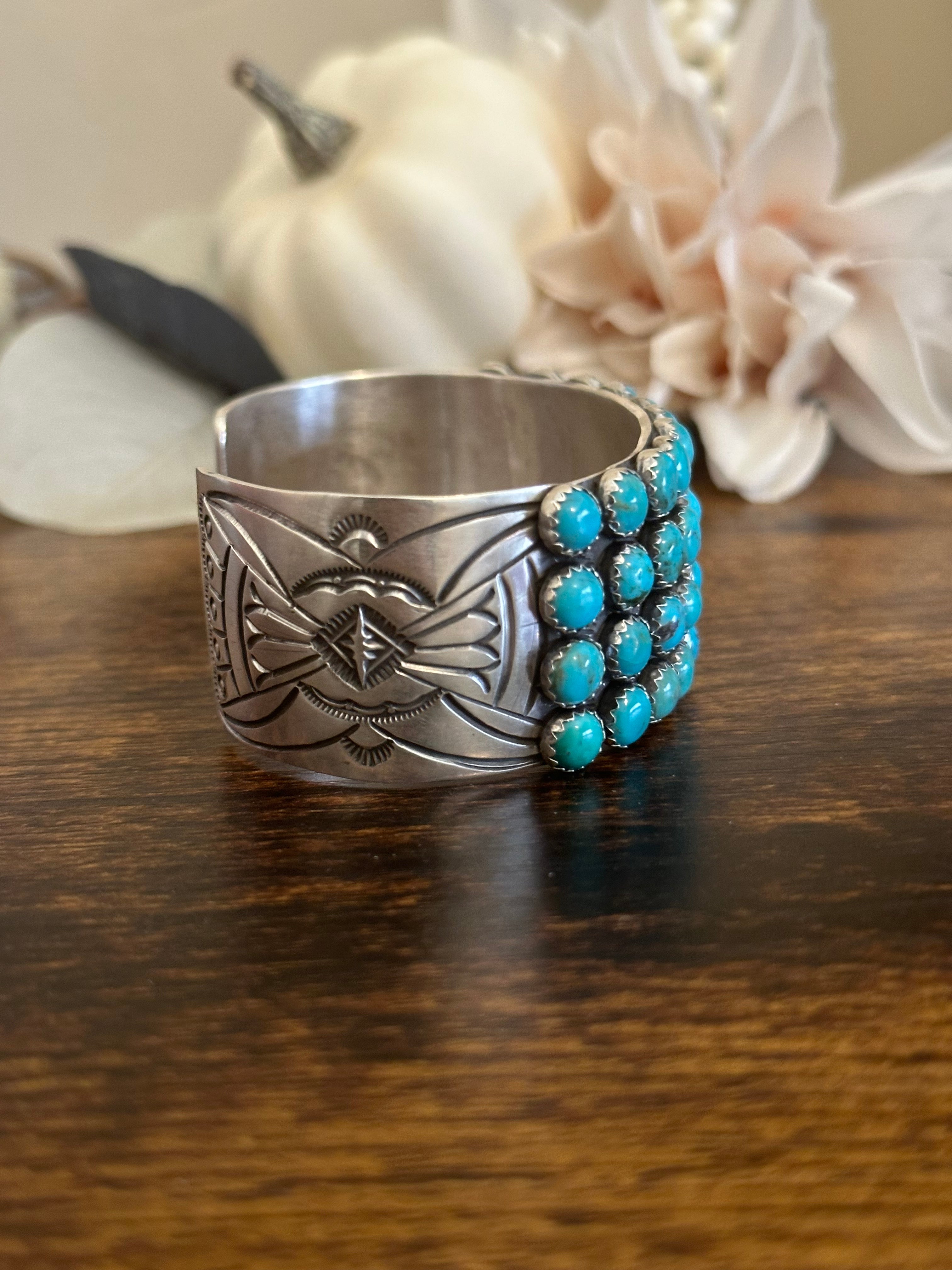 Leroy James Kingman Turquoise & Sterling Silver Cluster Cuff Bracelet