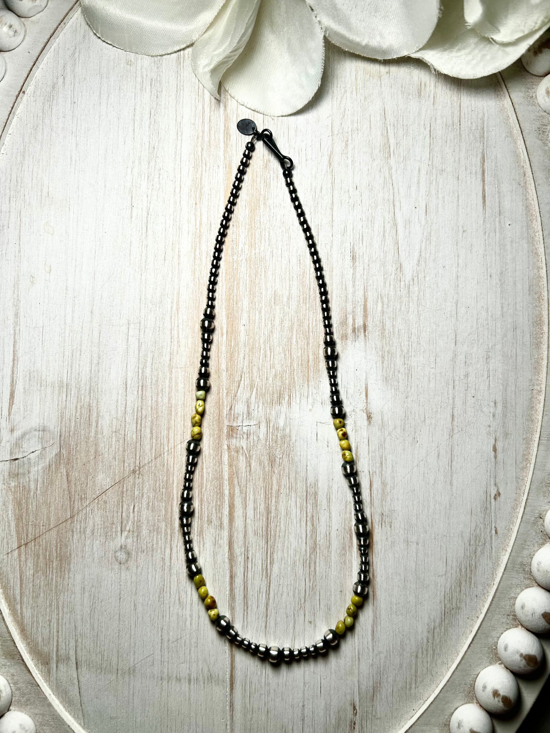 Navajo Strung Palomino Variscite & Sterling Silver Necklace