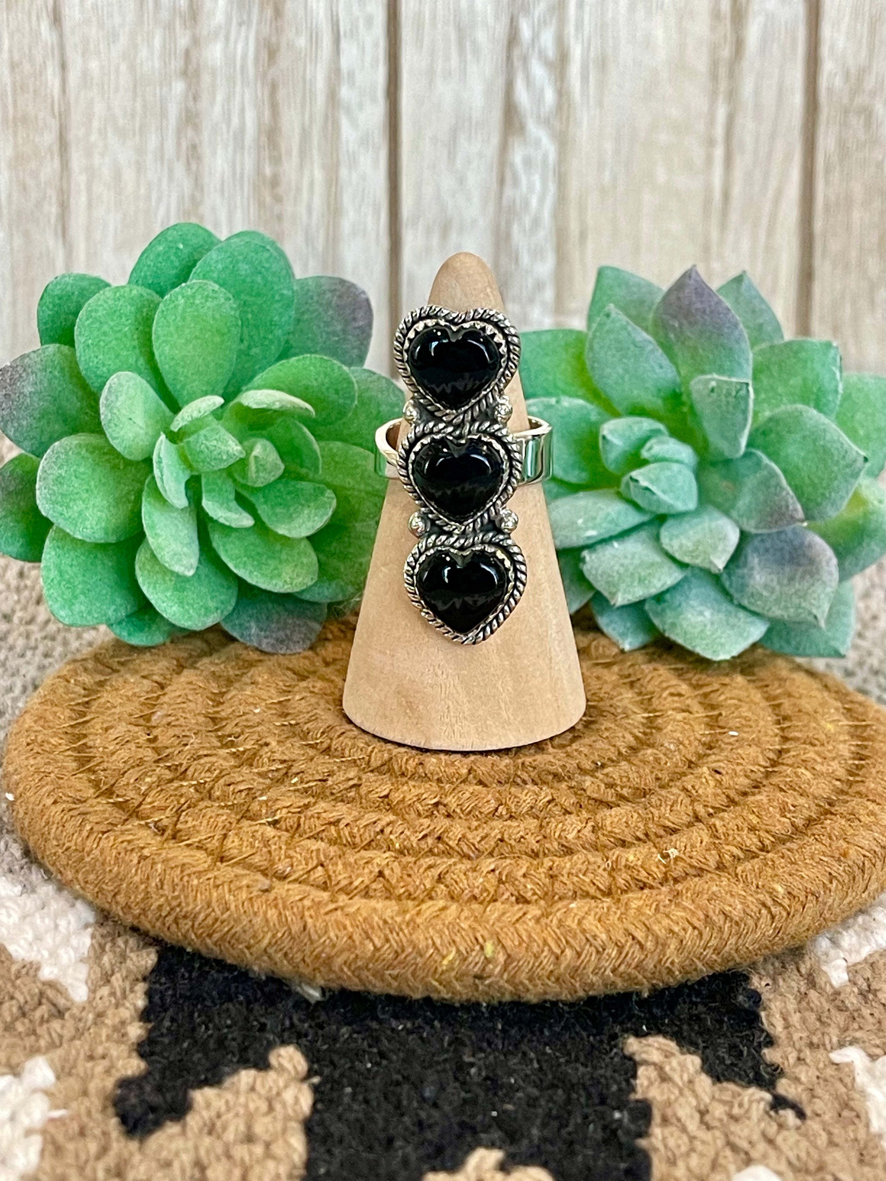 Southwest Handmade Black Onyx & Sterling Silver Adjustable 3 Stone Heart  Ring