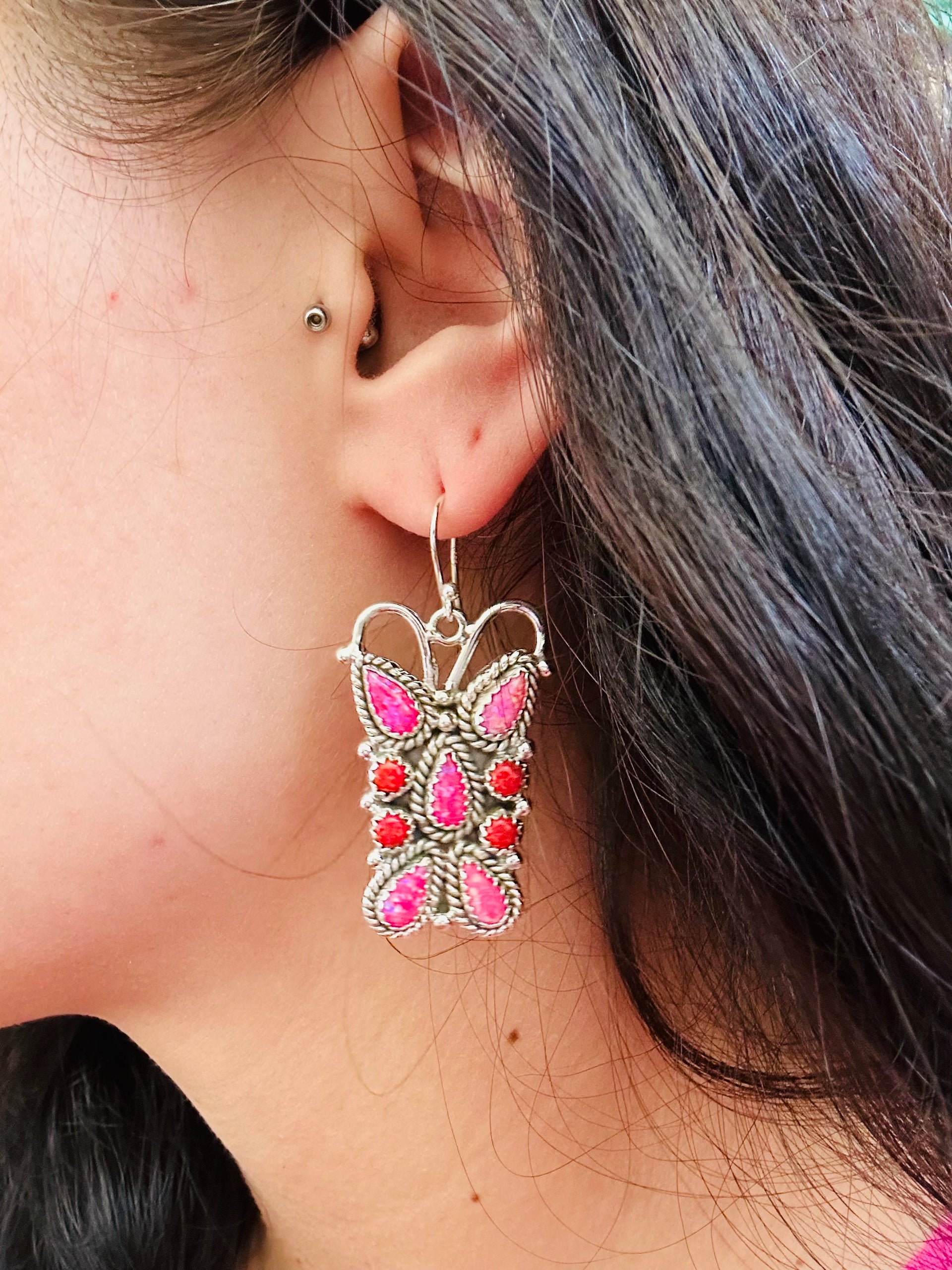TTD “K’aalógii” Pink/Red Opal & Sterling Silver Dangle Earrings