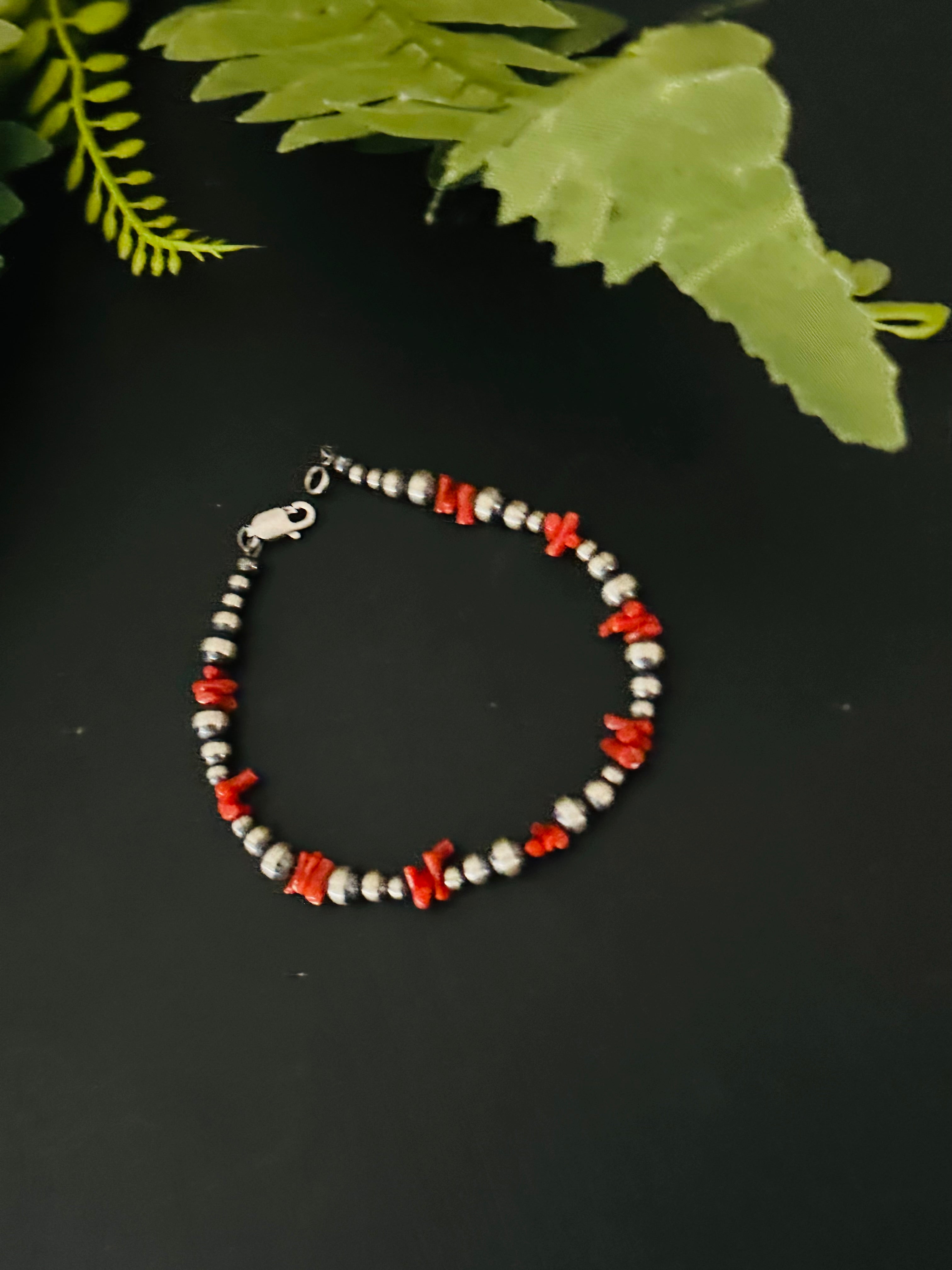 Navajo Strung Coral & Sterling Silver Graduated Pearl Bracelet