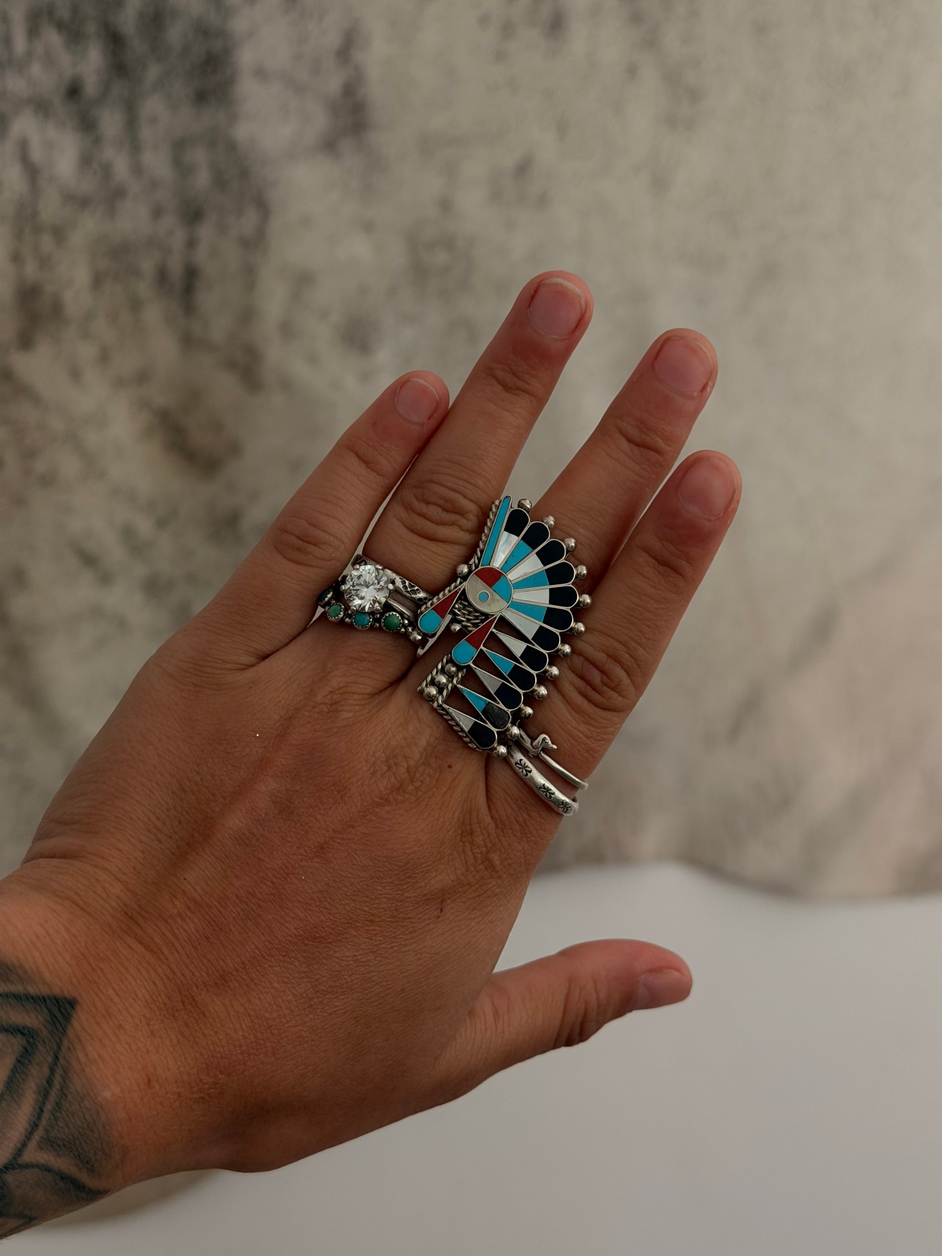 Zuni Made Multi Stone & Sterling Silver Inlay Chief Ring Size 10.5