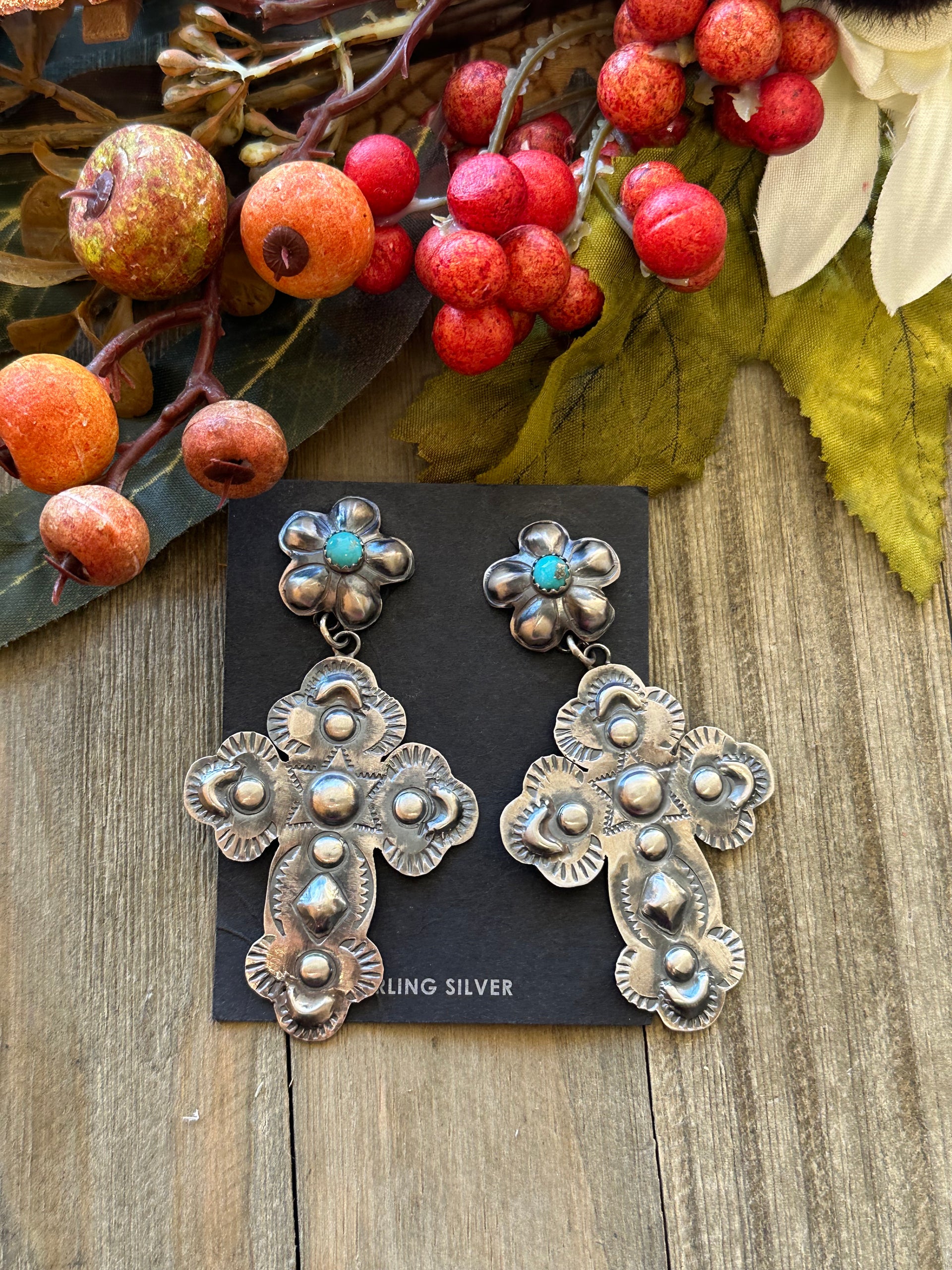 Tim Yazzie Kingman Turquoise & Sterling Silver Post Dangle Concho Earrings