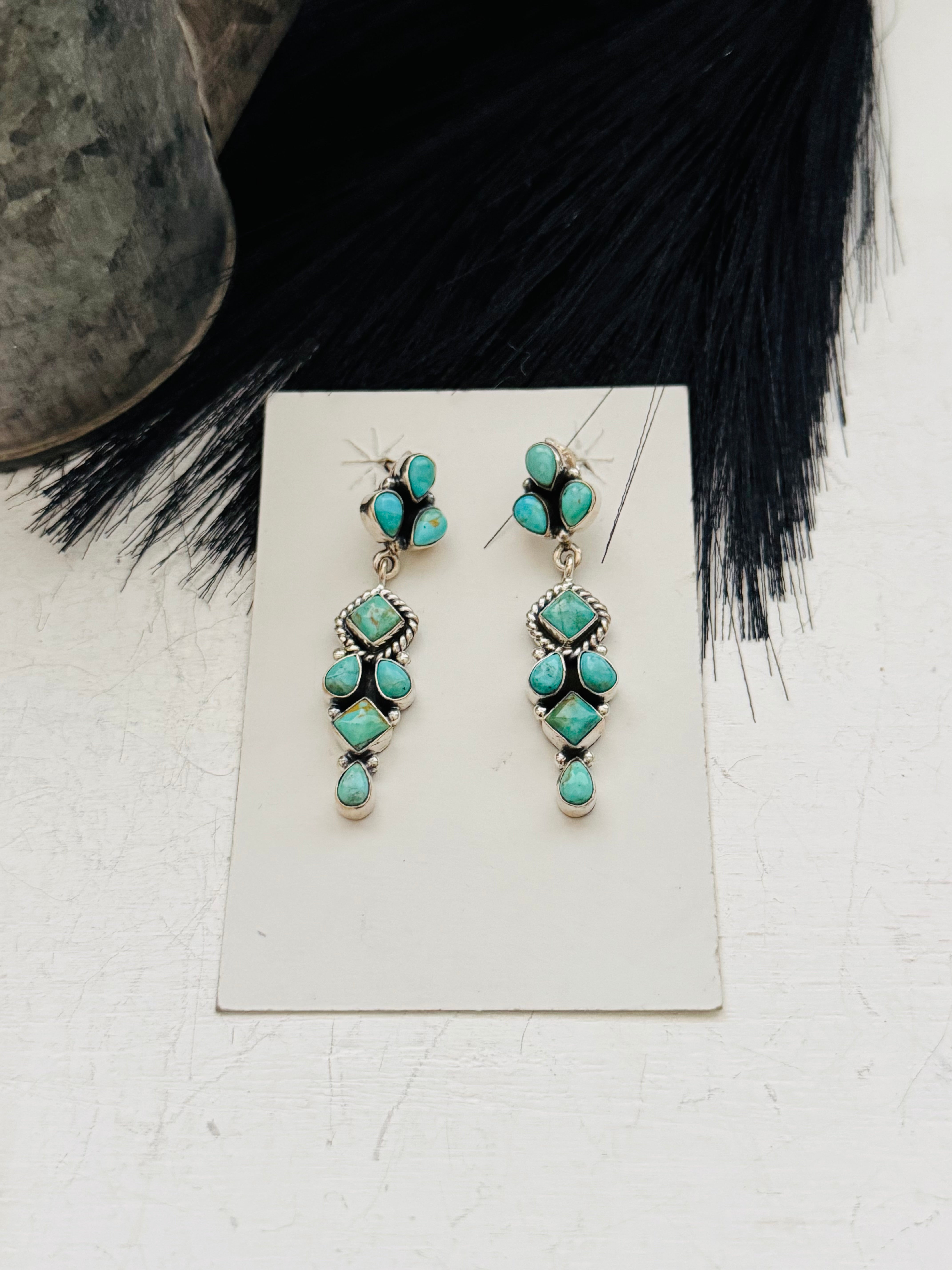 Southwest Handmade Kingman Turquoise & Sterling Silver Post Dangle Earrings