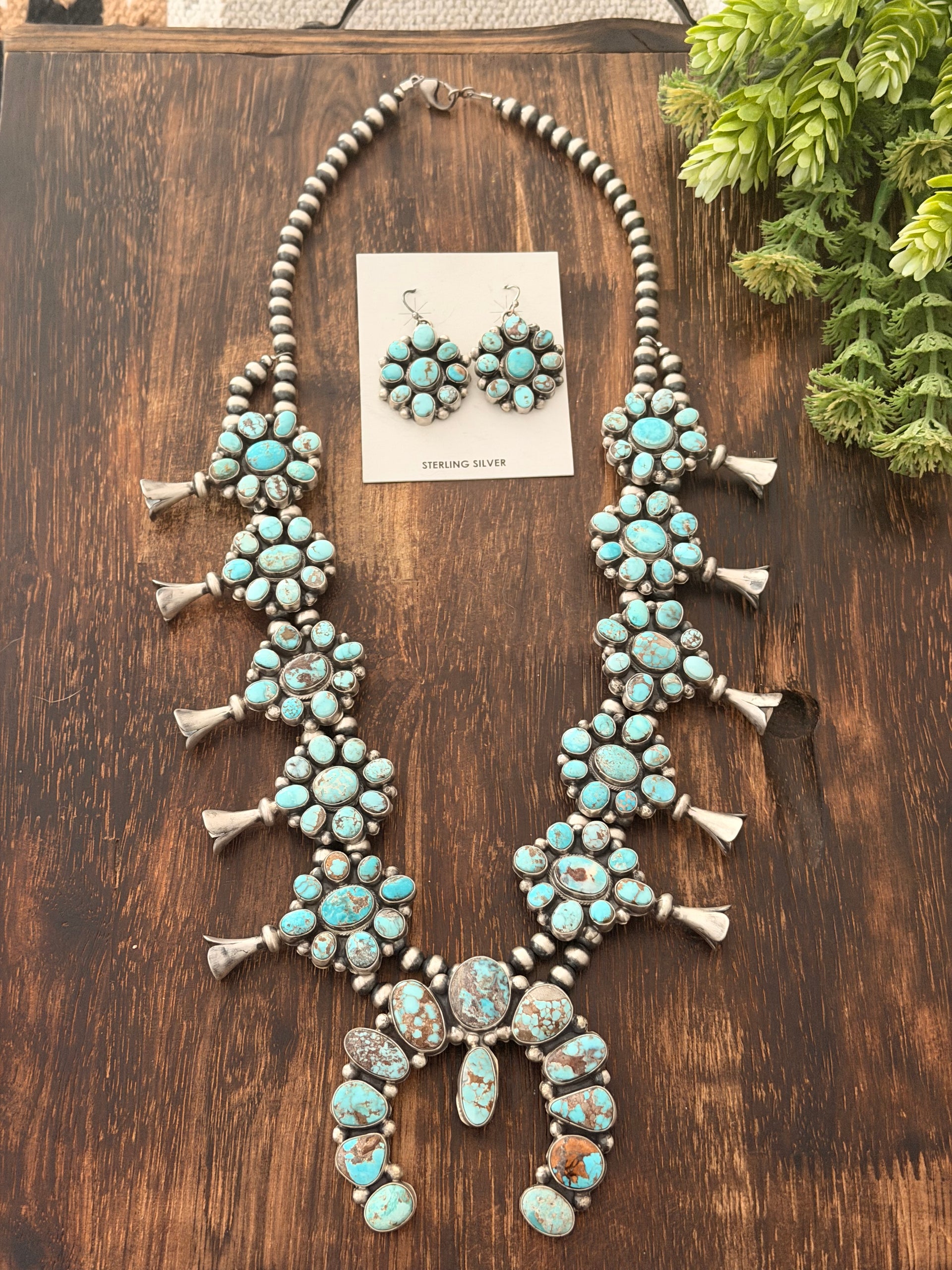 Louise Jim Natural Dry Creek Turquoise & Sterling Silver Cluster Squash Blossom Set