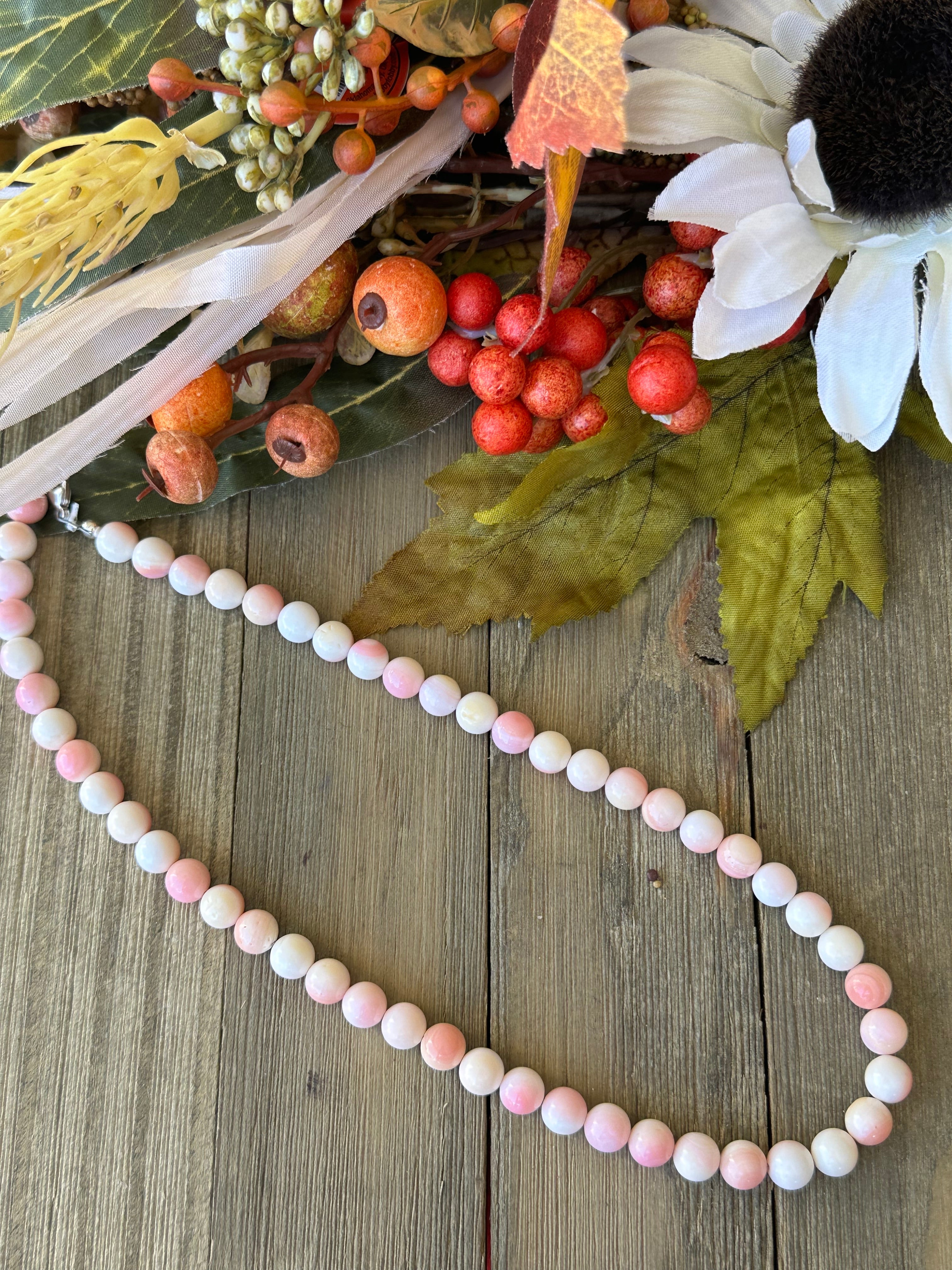 Navajo Strung Pink Conch & Sterling Silver Beaded Necklace