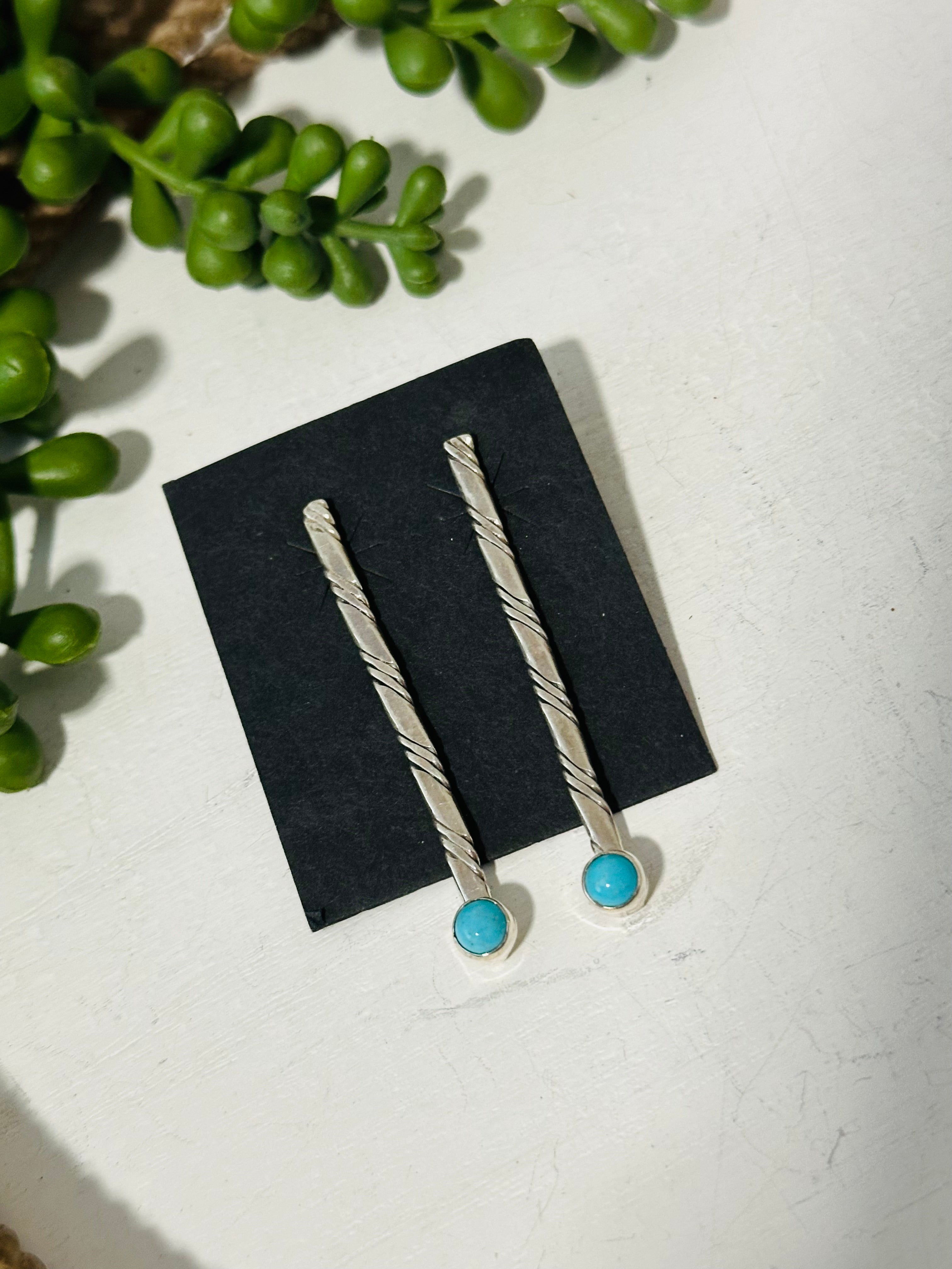 Navajo Made Kingman Turquoise & Sterling Silver Dangle Earrings