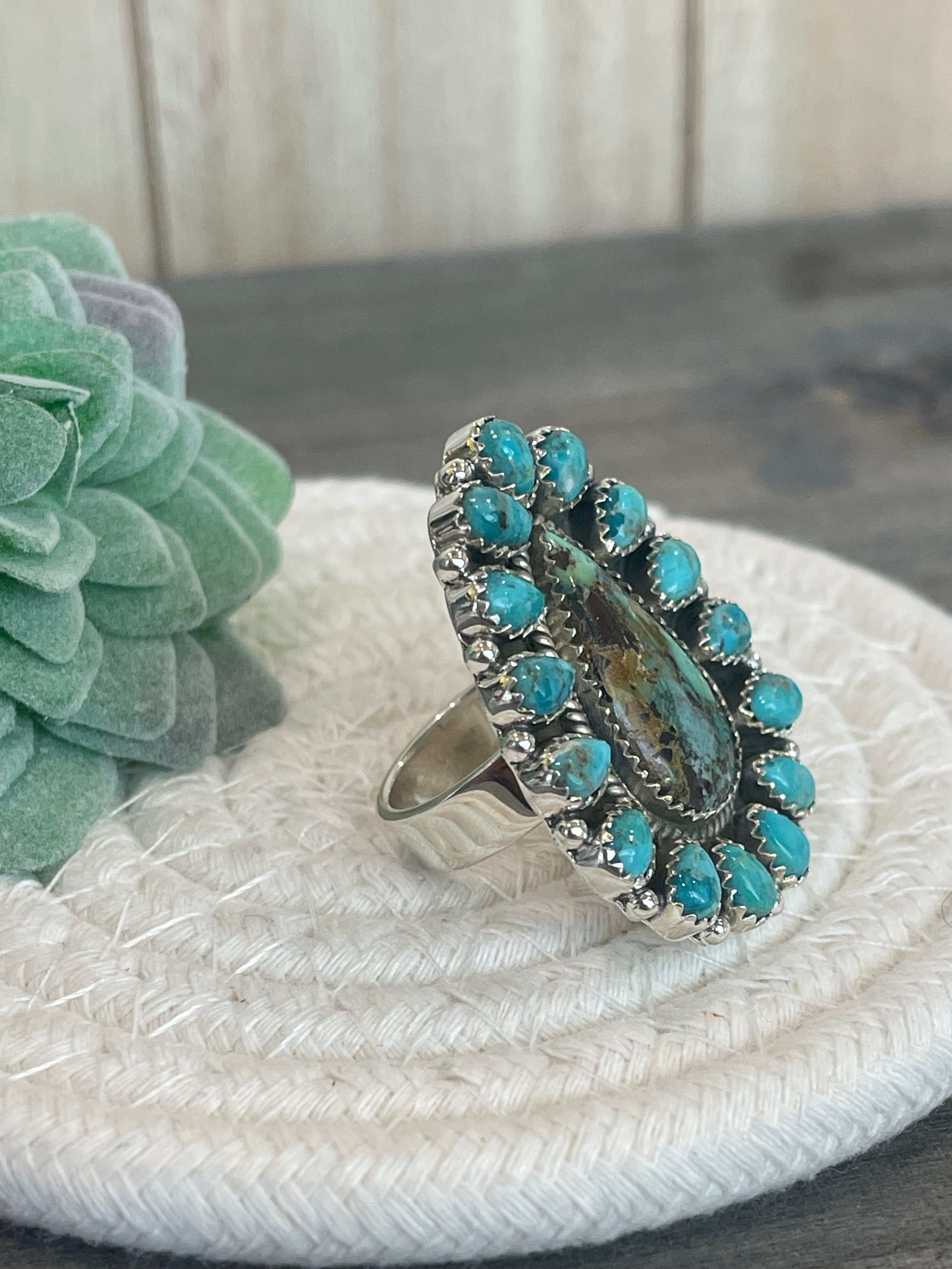 Southwest Handmade BlackJack Turquoise And Kingman Turquoise & Sterling Silver Adjustable Ring