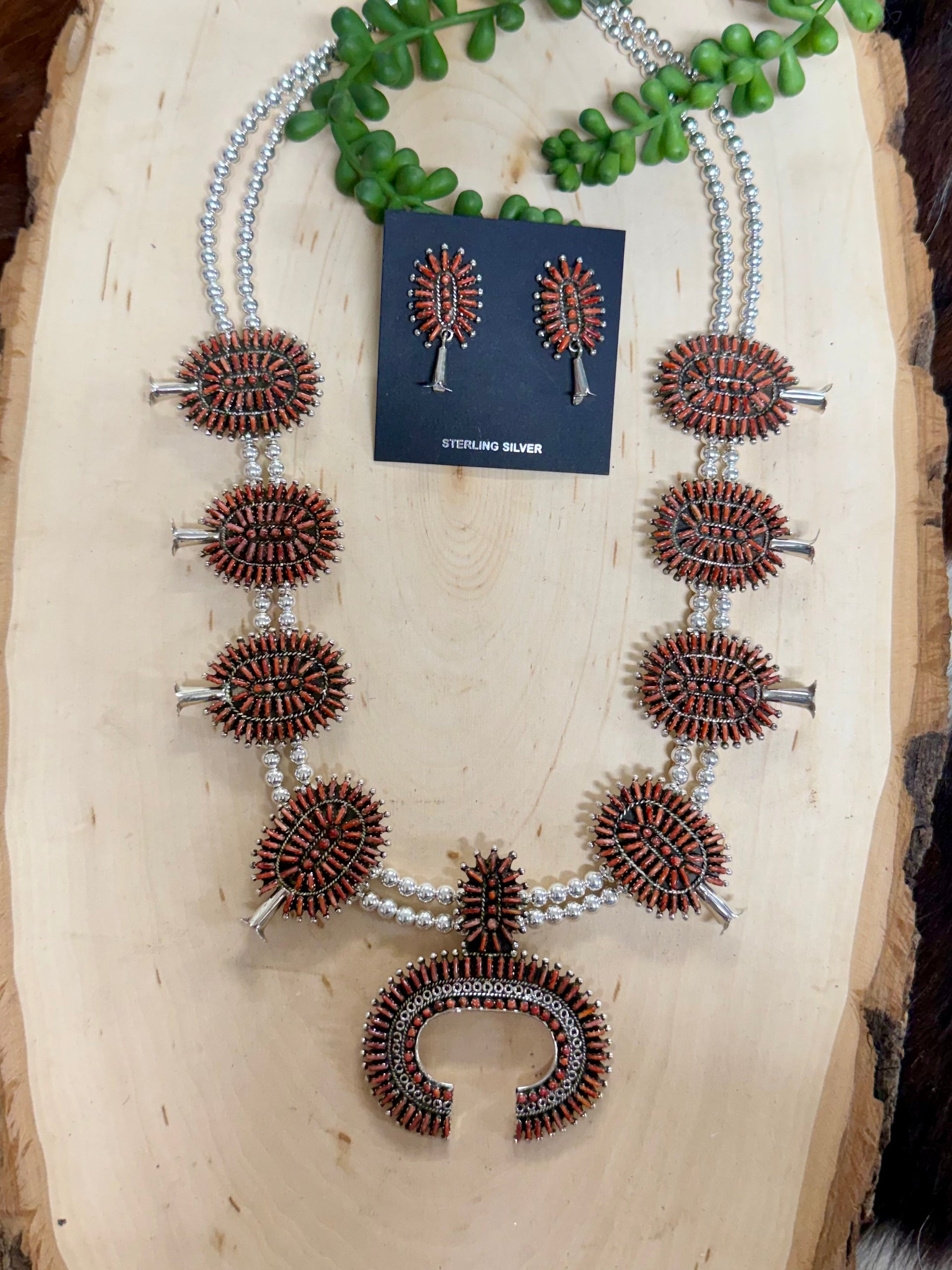 Southwest Handmade Red Spiny Oyster & Sterling Silver Necklace Set