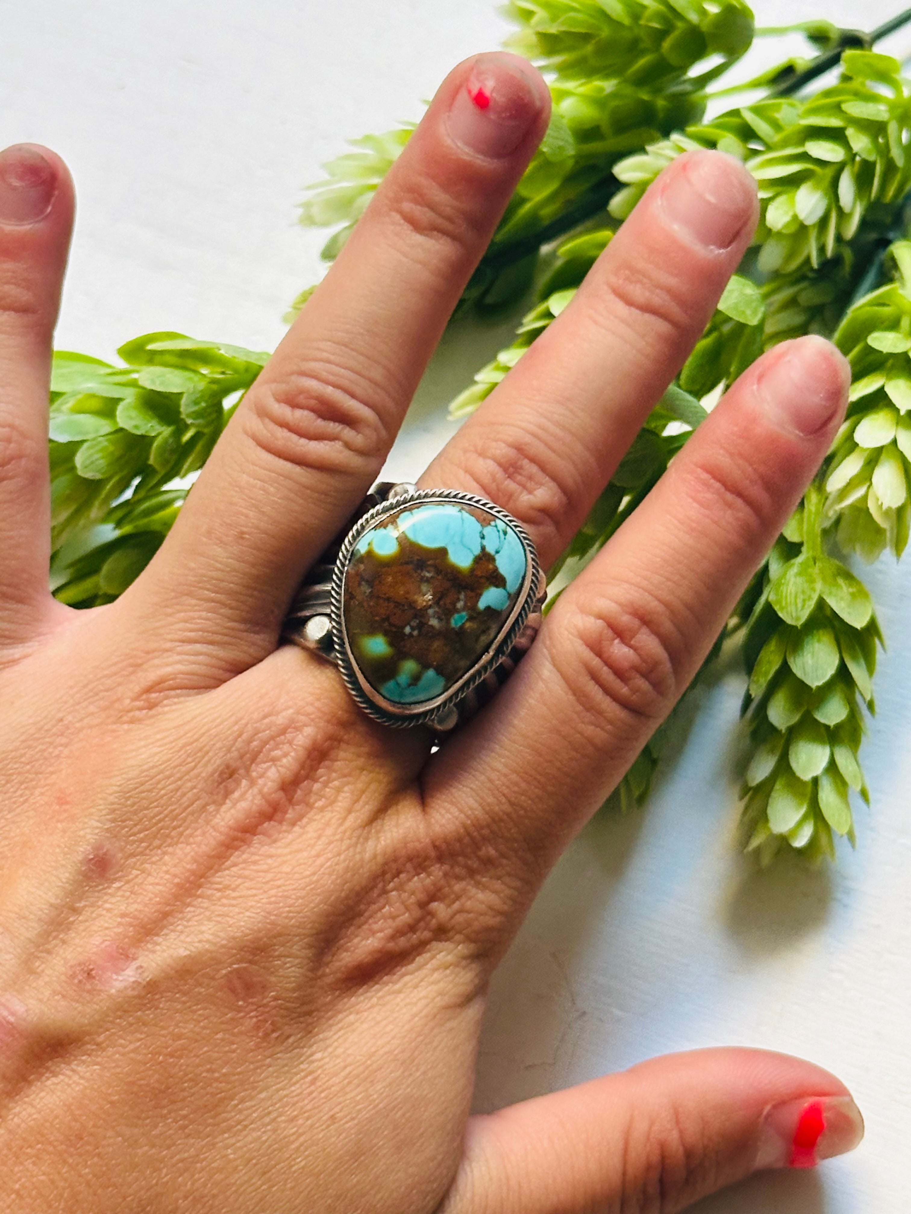 Tillie John Thunder Mountain Turquoise & Sterling Silver Ring Size 10