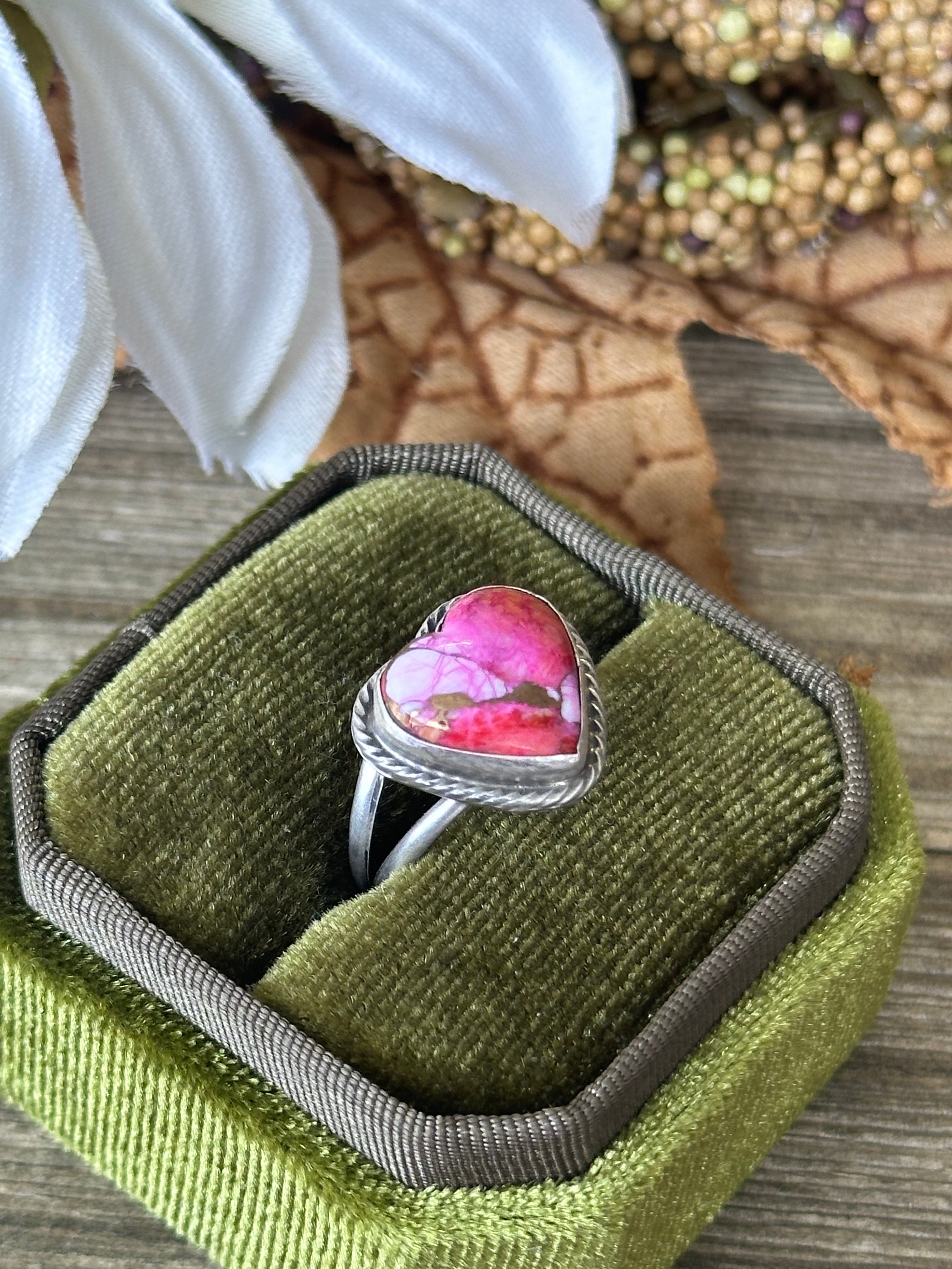 Navajo Made Pink Mohave Turquoise & Sterling Silver Heart Ring