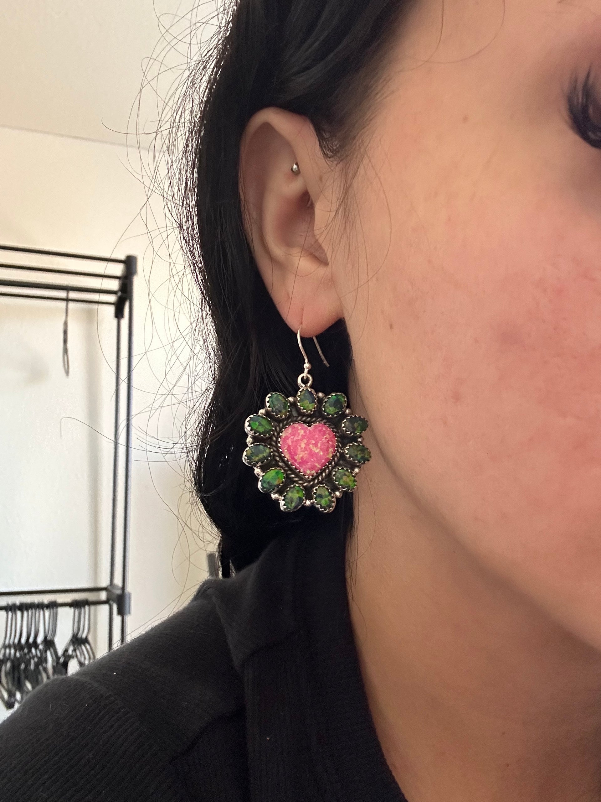 Southwest Handmade Opal & Sterling Silver Dangle Cluster Heart Earrings