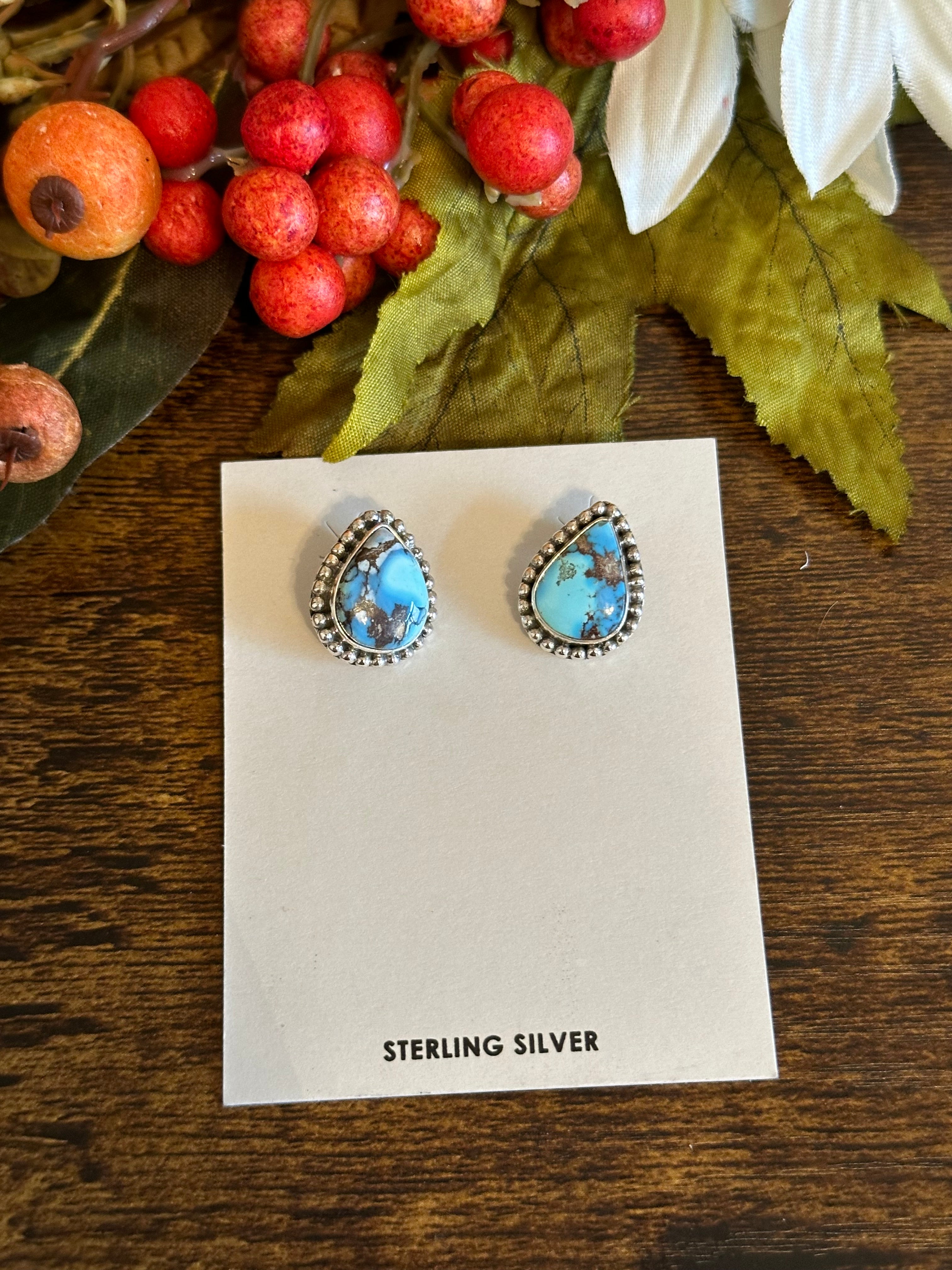 Southwest Handmade Golden Hill Turquoise & Sterling Silver Post Earrings