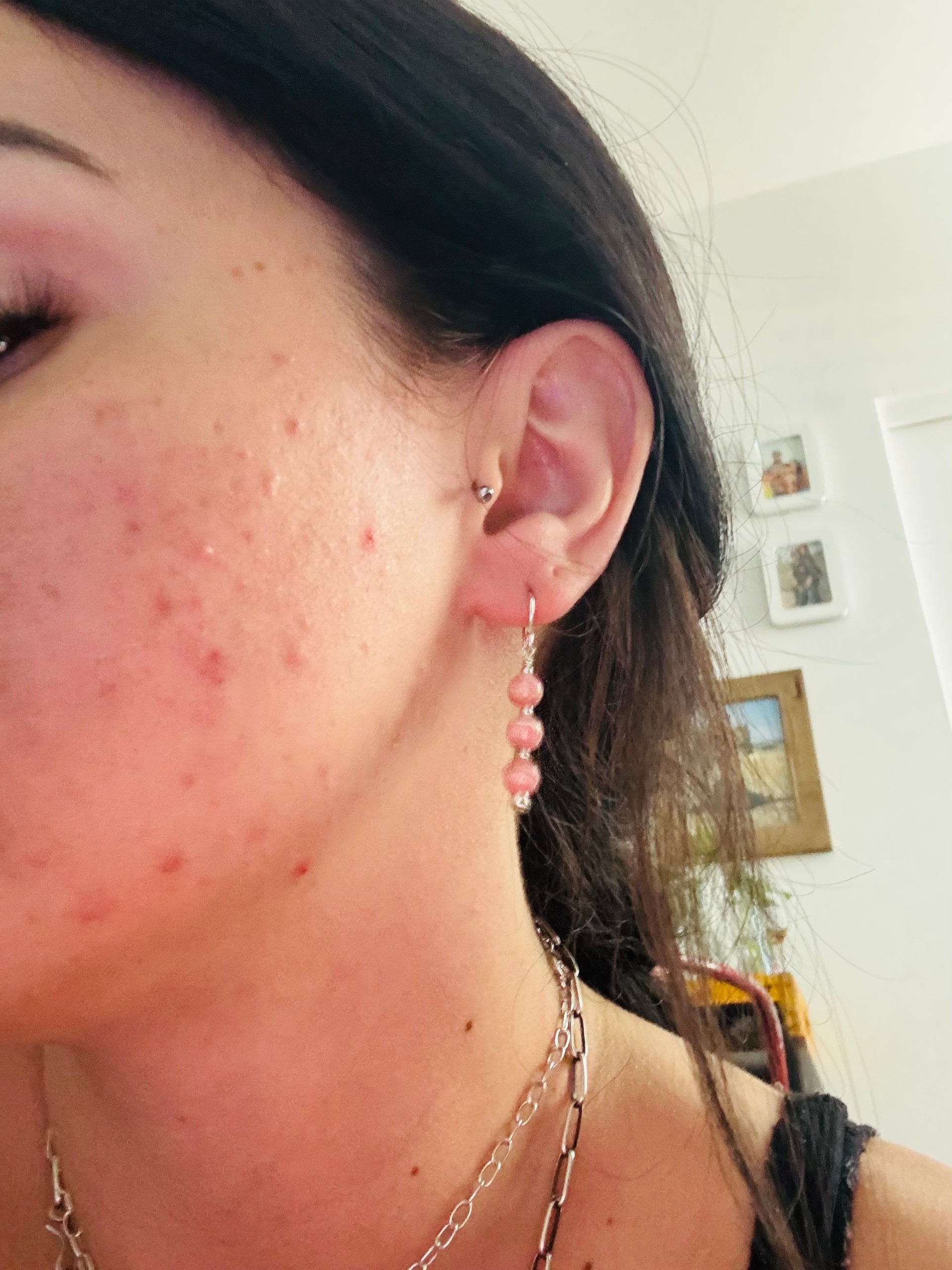 Navajo Made Rhodochrosite & Sterling Silver Dangle Earrings