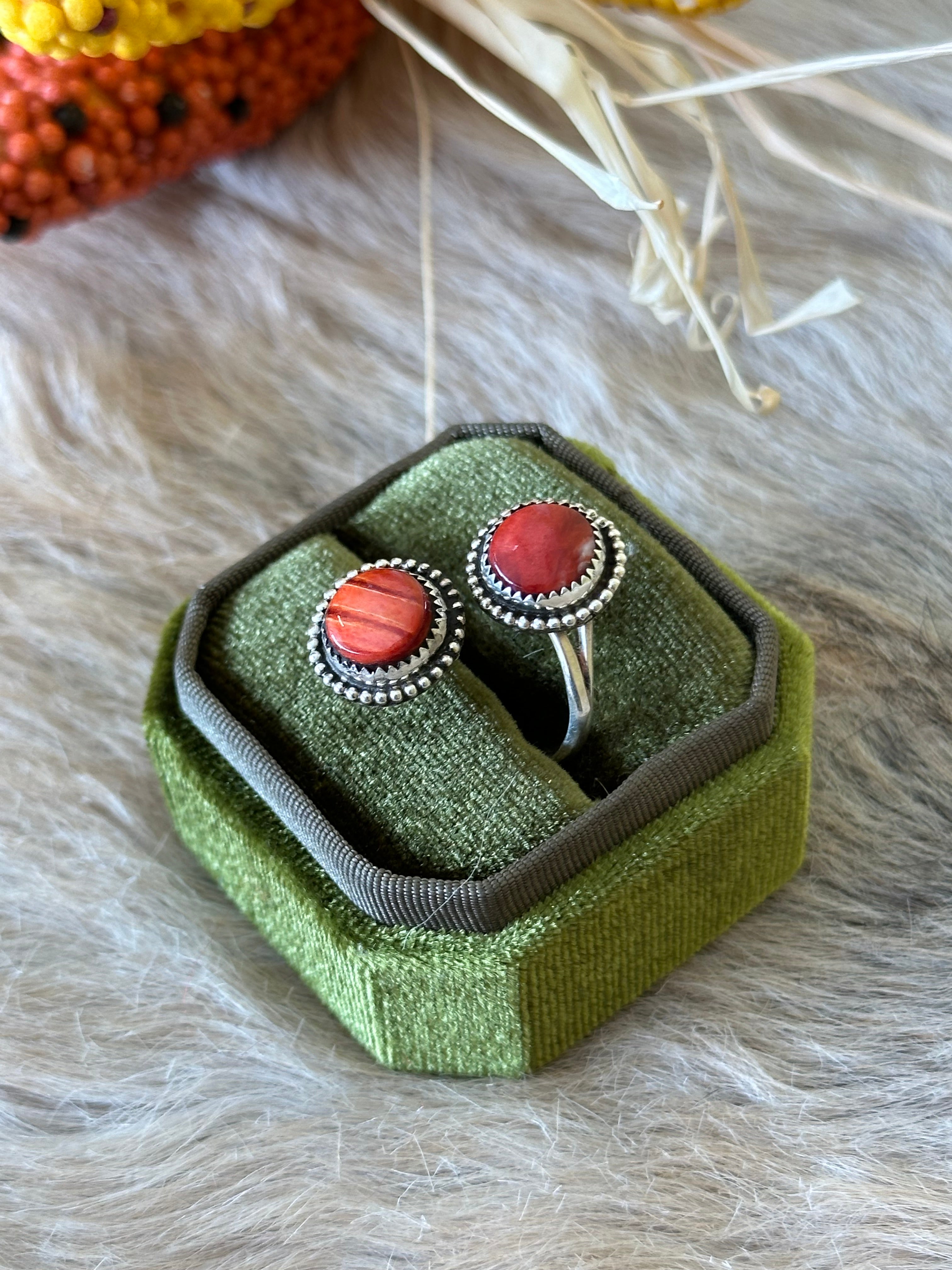 Navajo Handmade Red Spiny Oyster & Sterling Silver Adjustable Ring