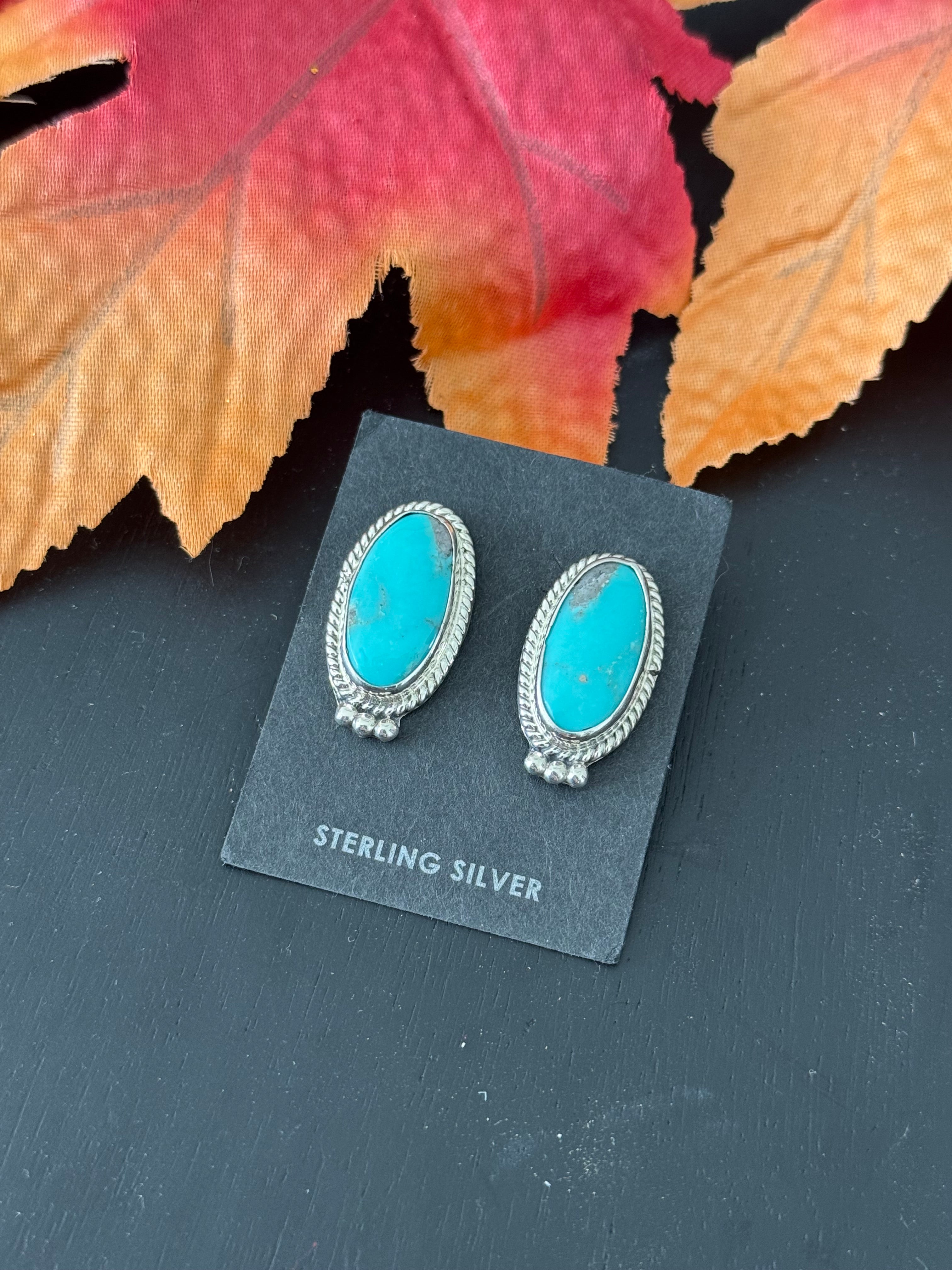 Navajo Made Kingman Turquoise & Sterling Silver Post Earrings