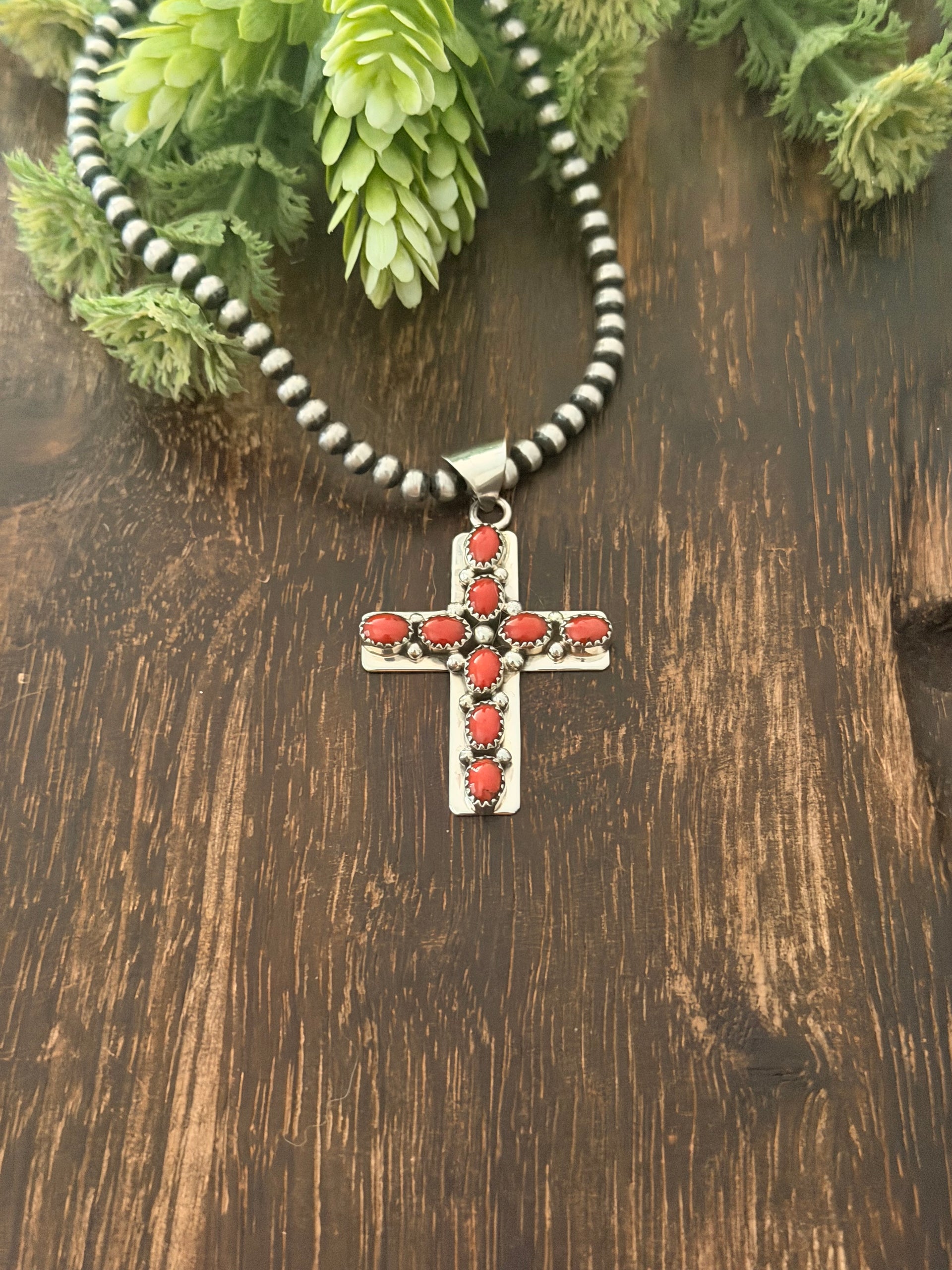 Navajo Made Red Coral & Sterling Silver Cross Cluster Pendant