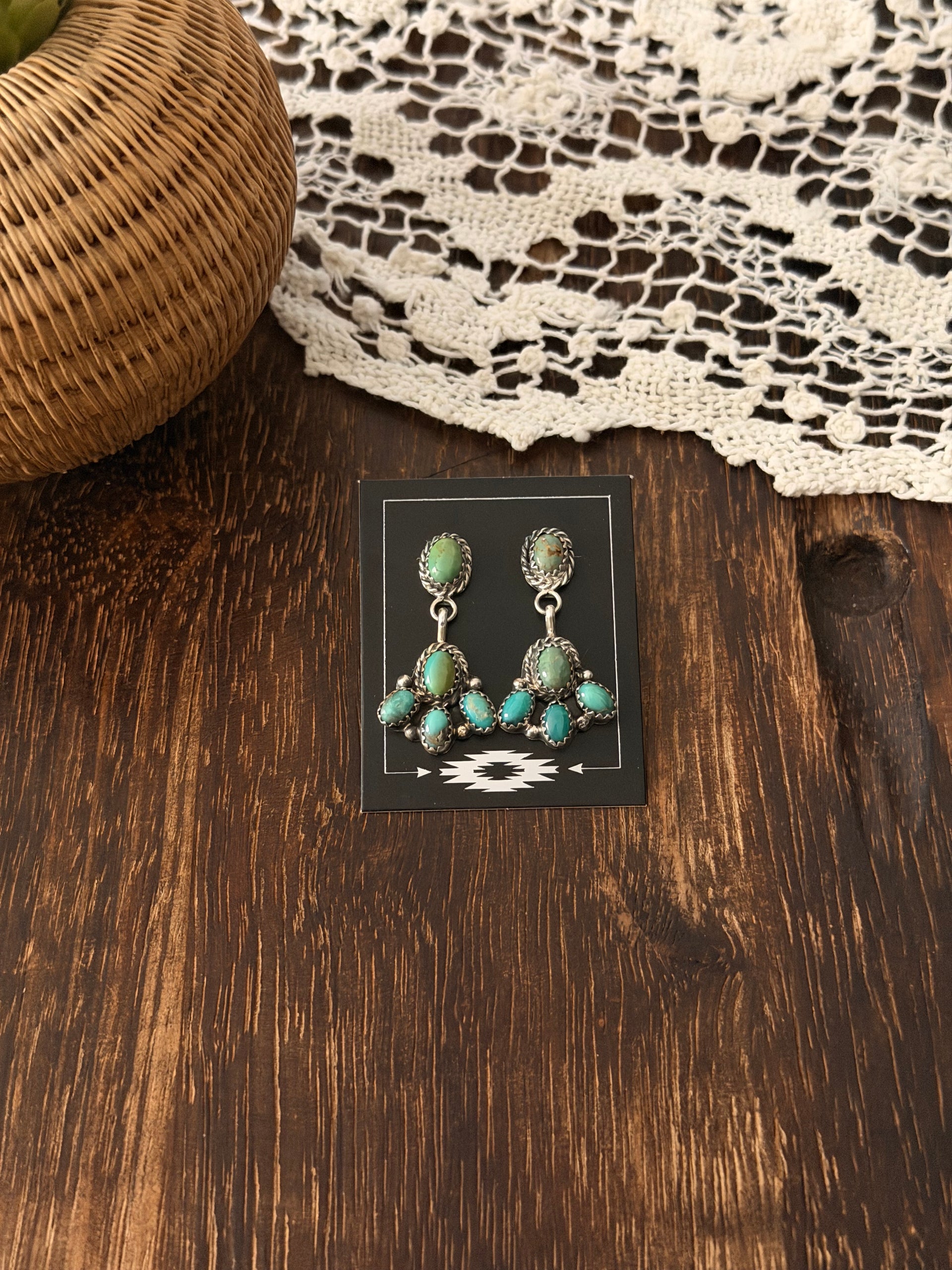 Annie Spencer Kingman Turquoise & Sterling Silver Cluster Post Dangle Earrings