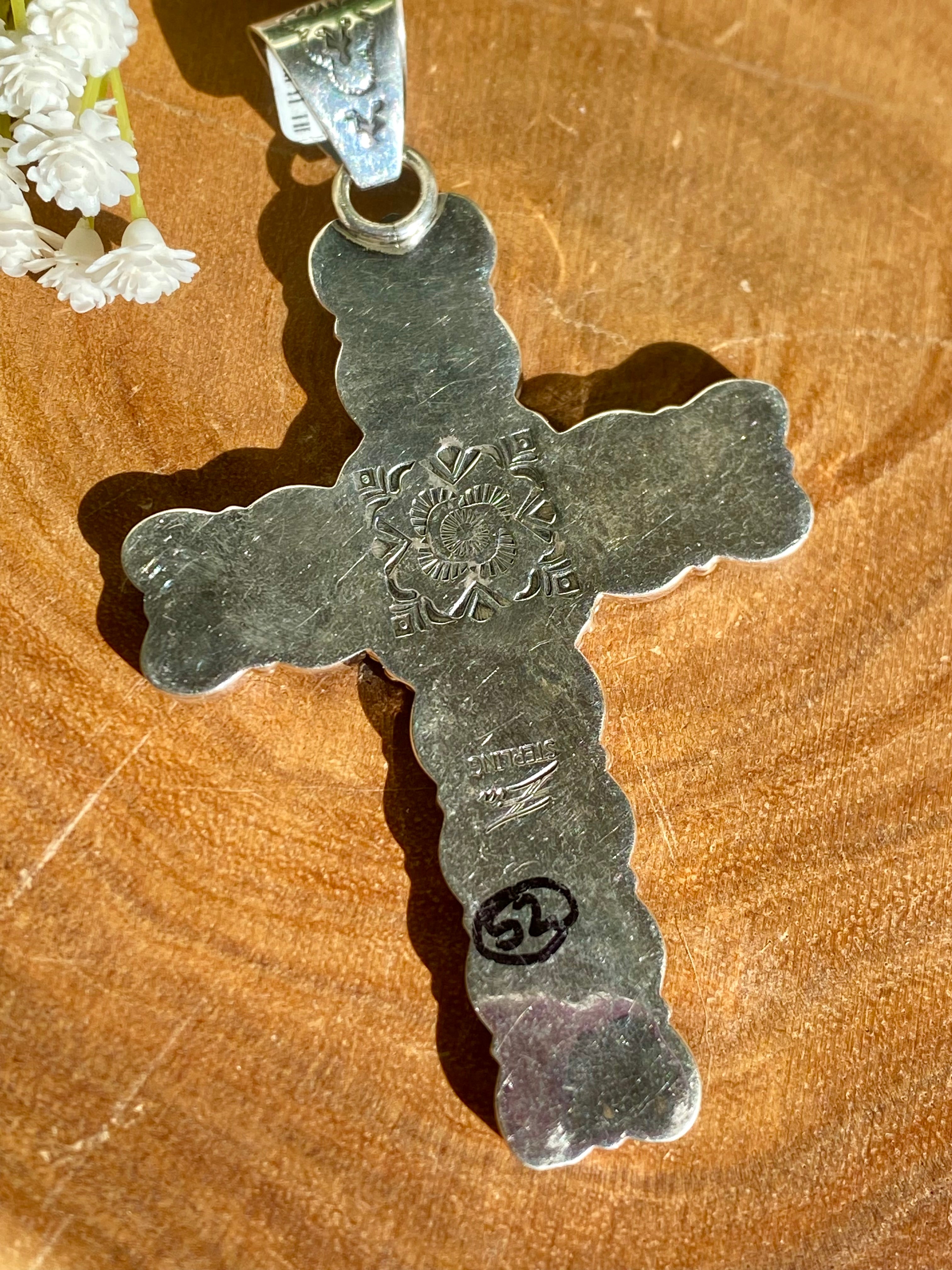 Zia Navajo Made Kingman Turquoise & Sterling Silver Cross PENDANT ONLY