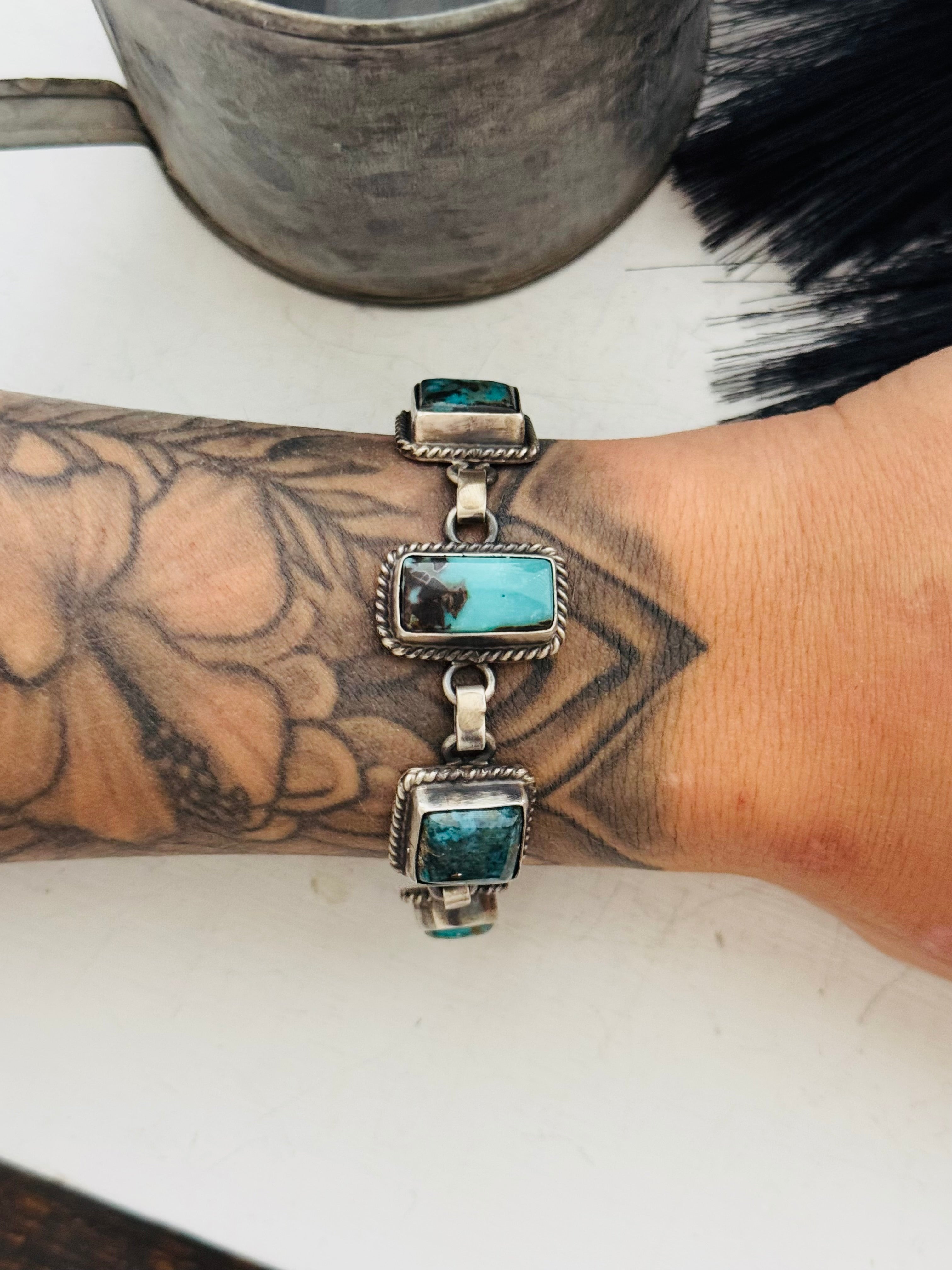 Navajo Made Thunder Mountain Turquoise & Sterling Silver Link Bracelet