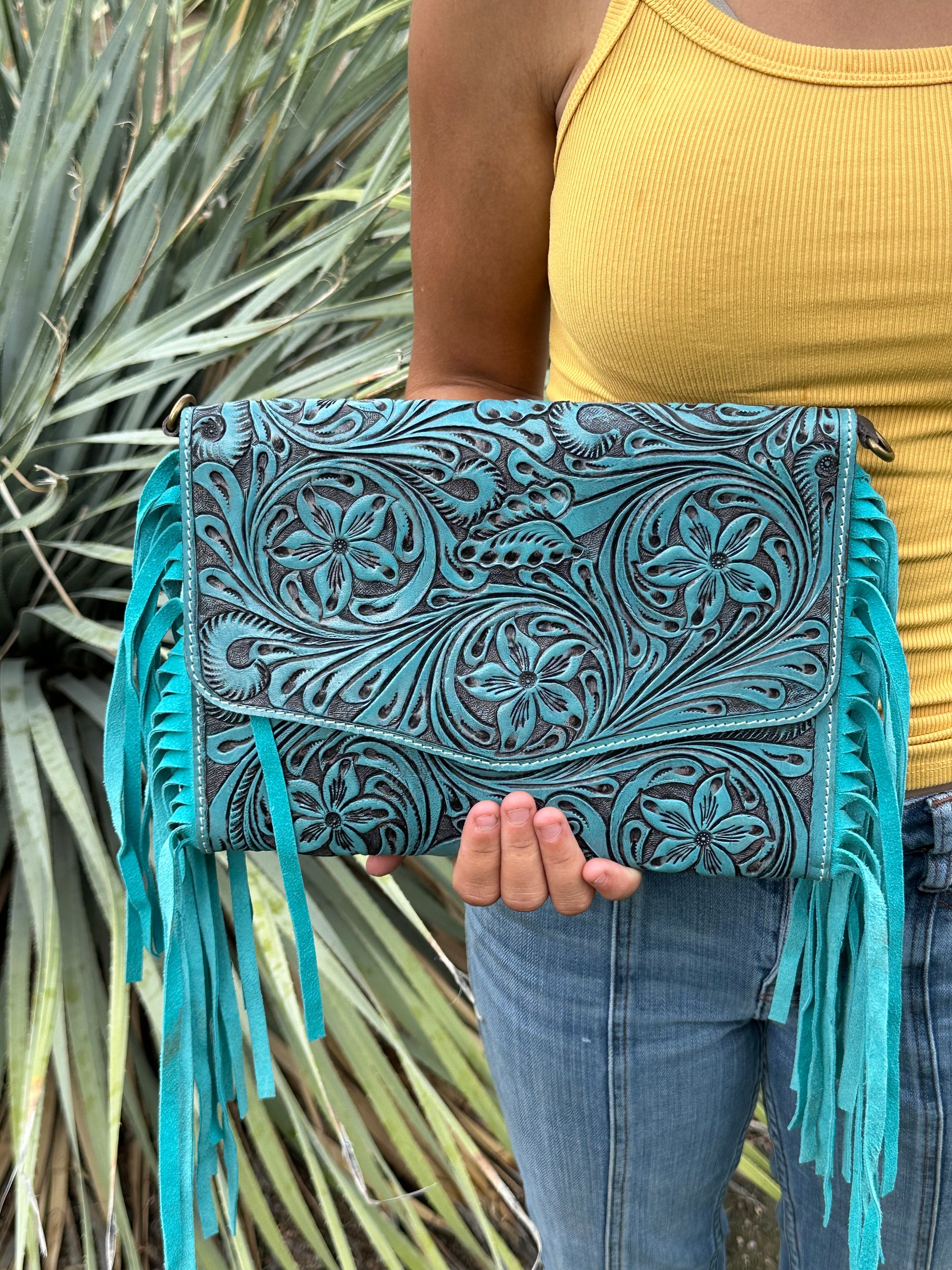 Genuine Leather Tooled Cross Body Fringe Purse