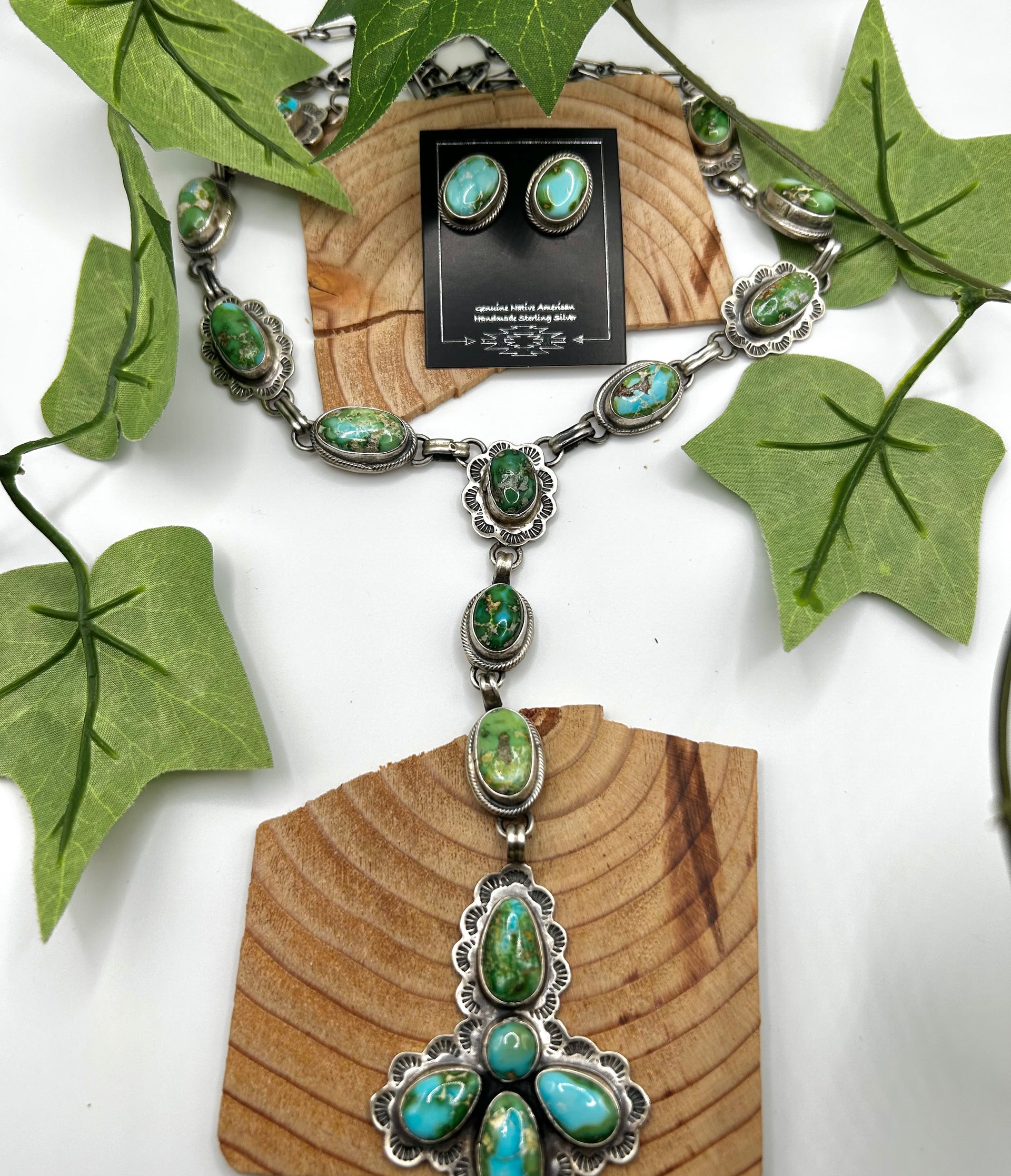 Navajo Thomas Francisco Sonoran Gold Turquoise & Sterling Silver Cluster Necklace Set