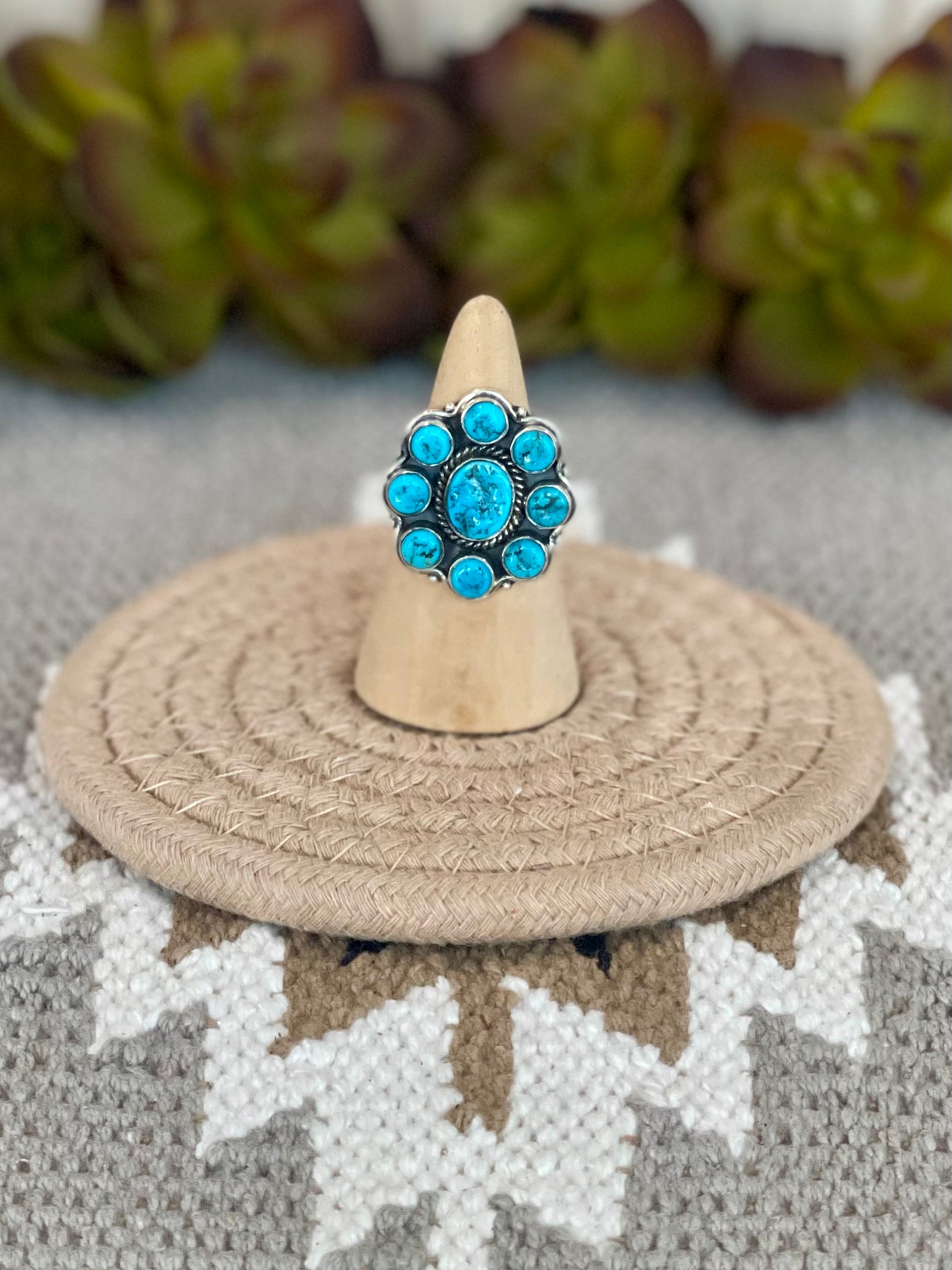 Southwest Handmade Kingman Turquoise & Sterling Silver Size 8.75 Cluster Flower Ring