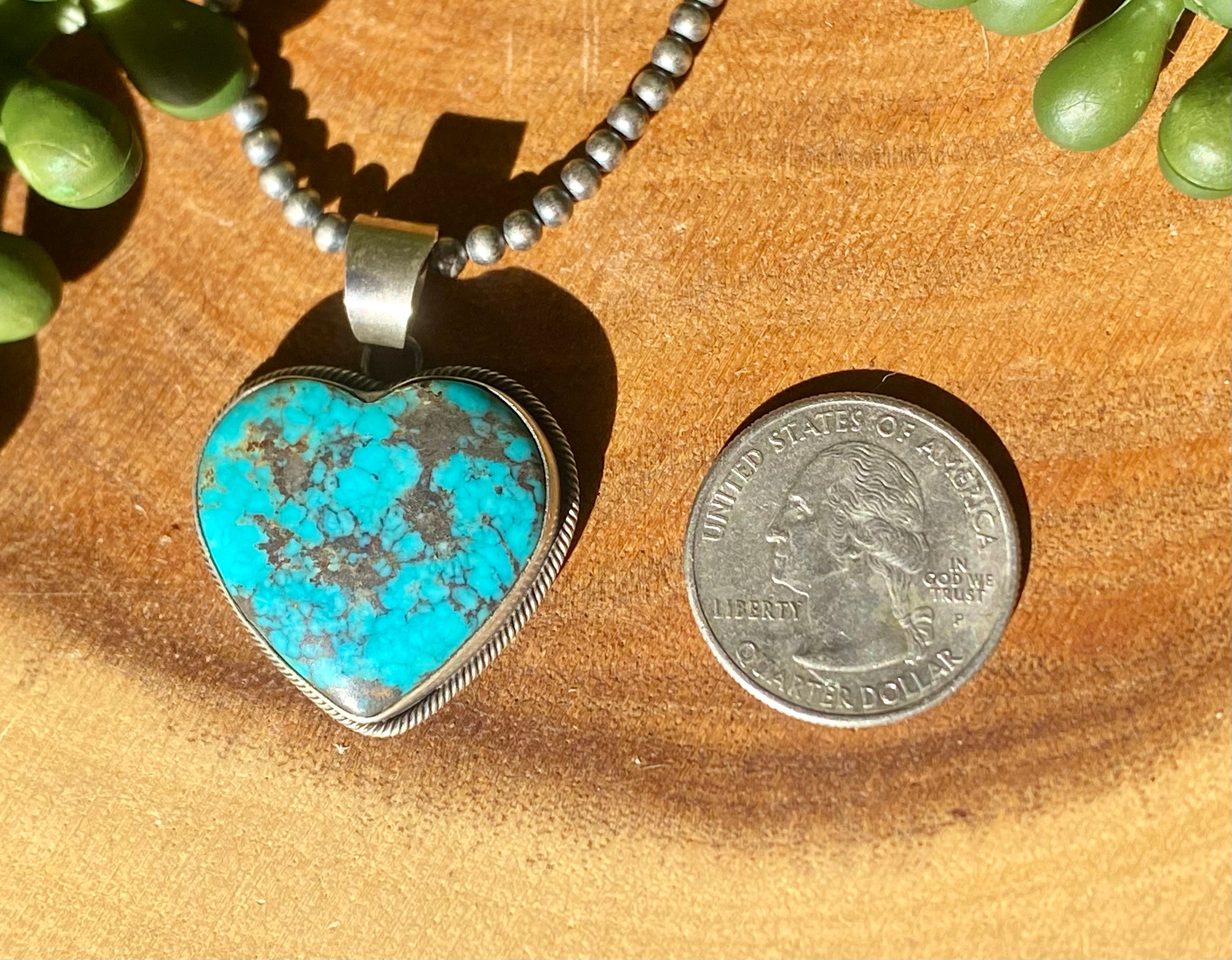 Navajo Made Kingman Turquoise & Sterling Silver Heart Shape PENDANT ONLY